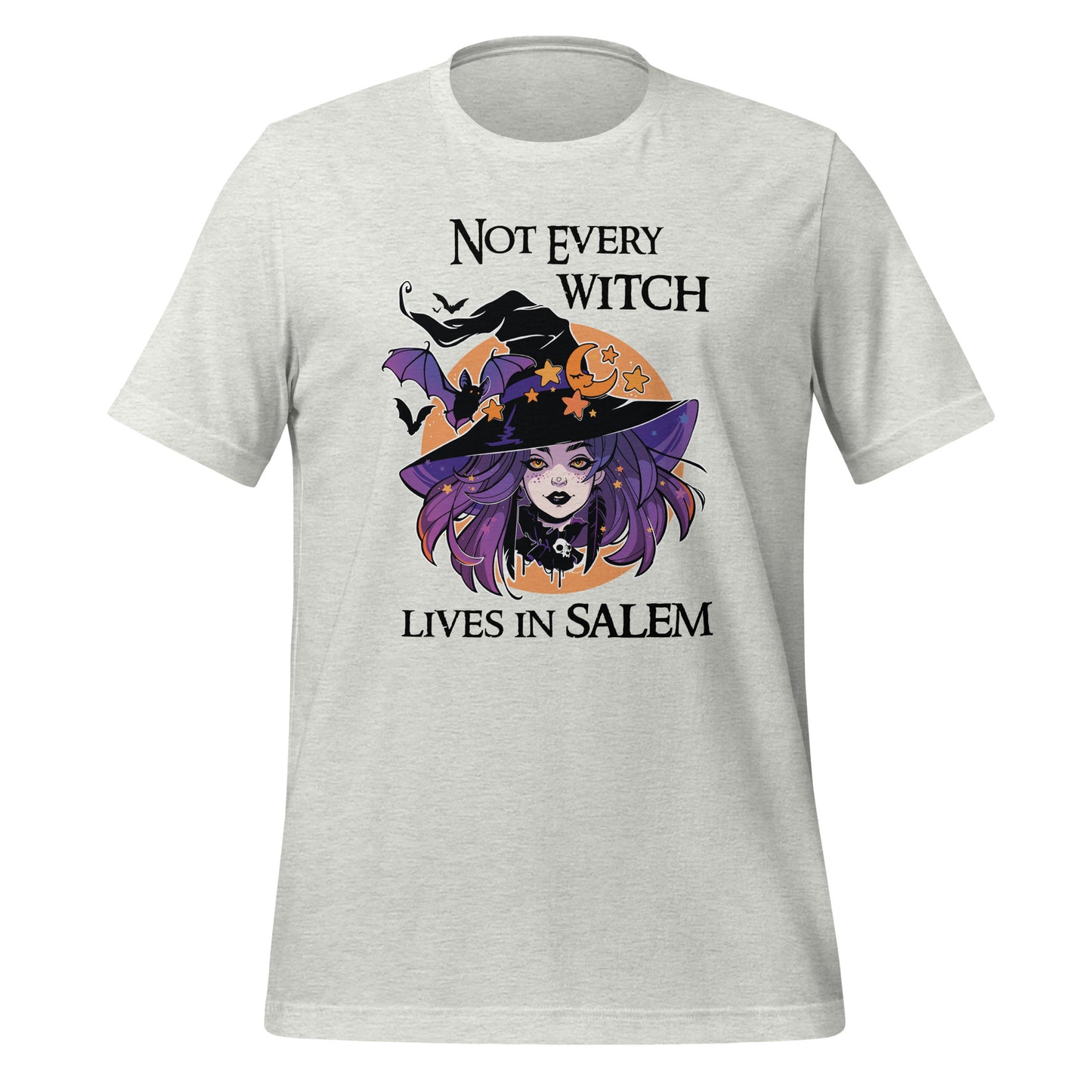 Ash t-shirt that reads Not Every Witch Lives in Salem with a witch with purple hair wearing a black witch hat in front of a golden moon with stars and black bats created by apparel shop Midnight Gypsy Designs.