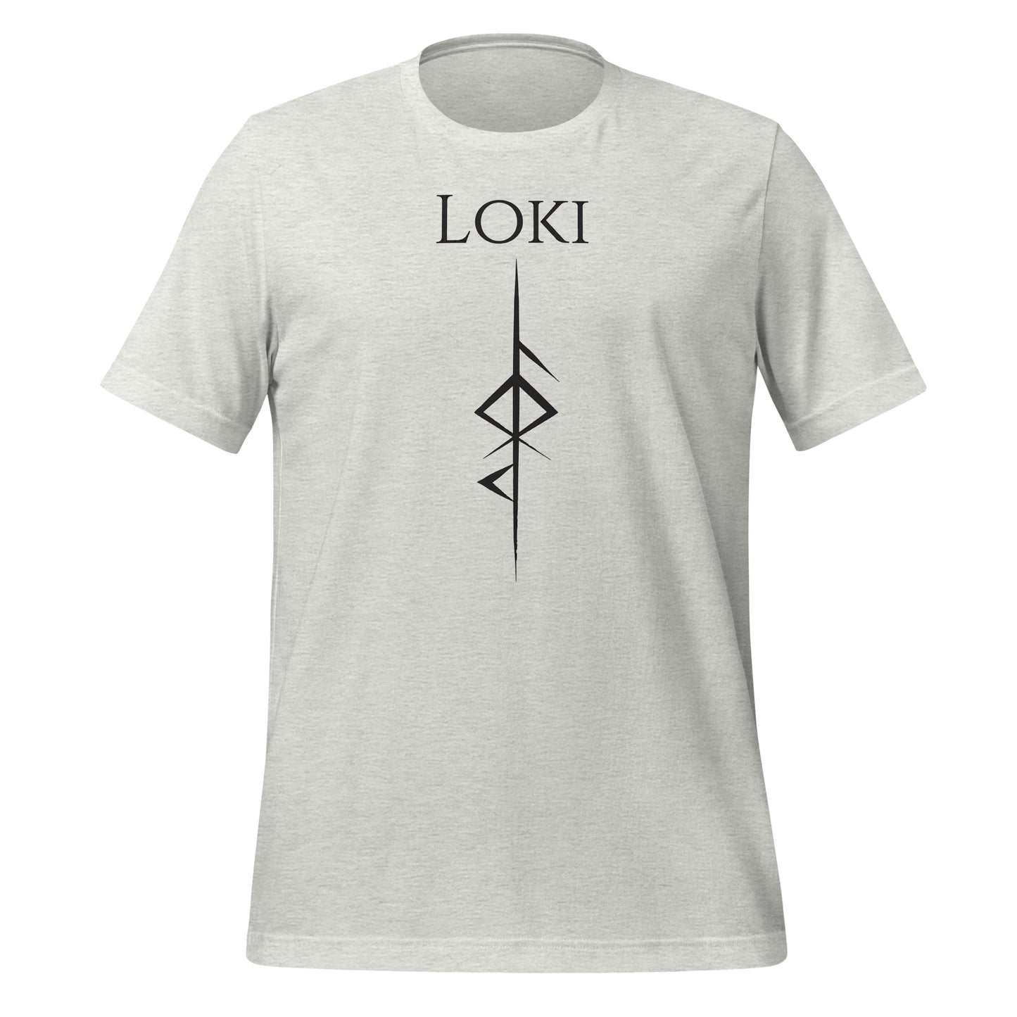 Ash t-shirt that reads Loki with the Loki Futhark rune symbol for Loki God of Mischief created by Norse Viking apparel shop Midnight Gypsy Designs. 