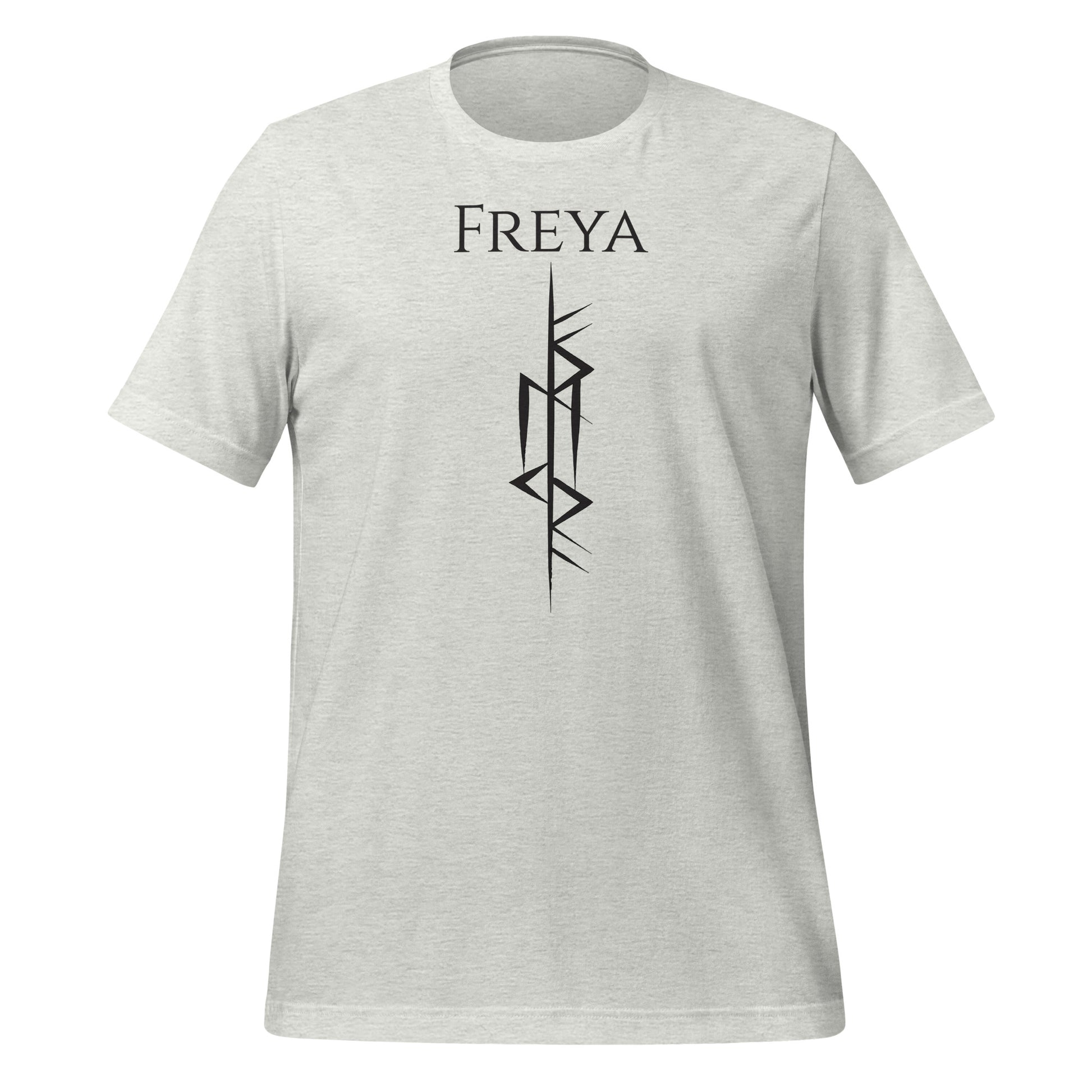 Viking warrior ash t-shirt that says Freya with the Freya Goddess of Love Norse rune symbol created by Viking apparel shop Midnight Gypsy Designs.