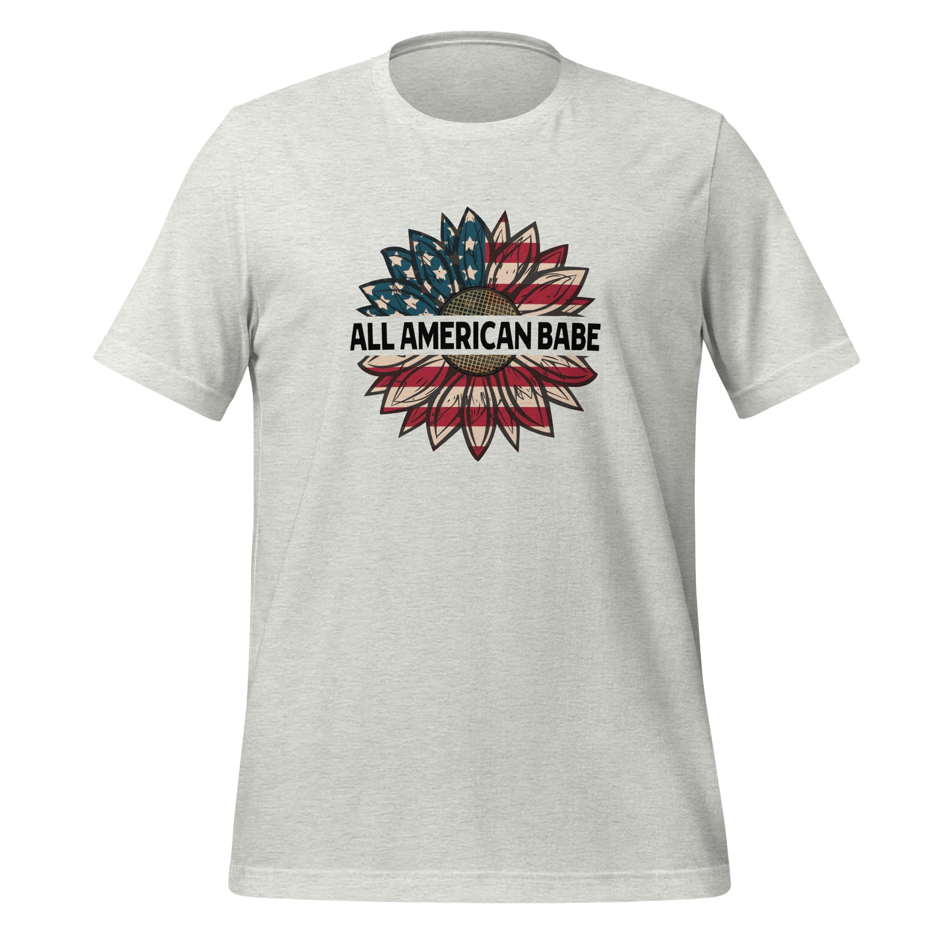 Grey All American Babe patriotic t-shirt with an American flag sunflower created by USA patriotic apparel shop Midnight Gypsy Designs. 