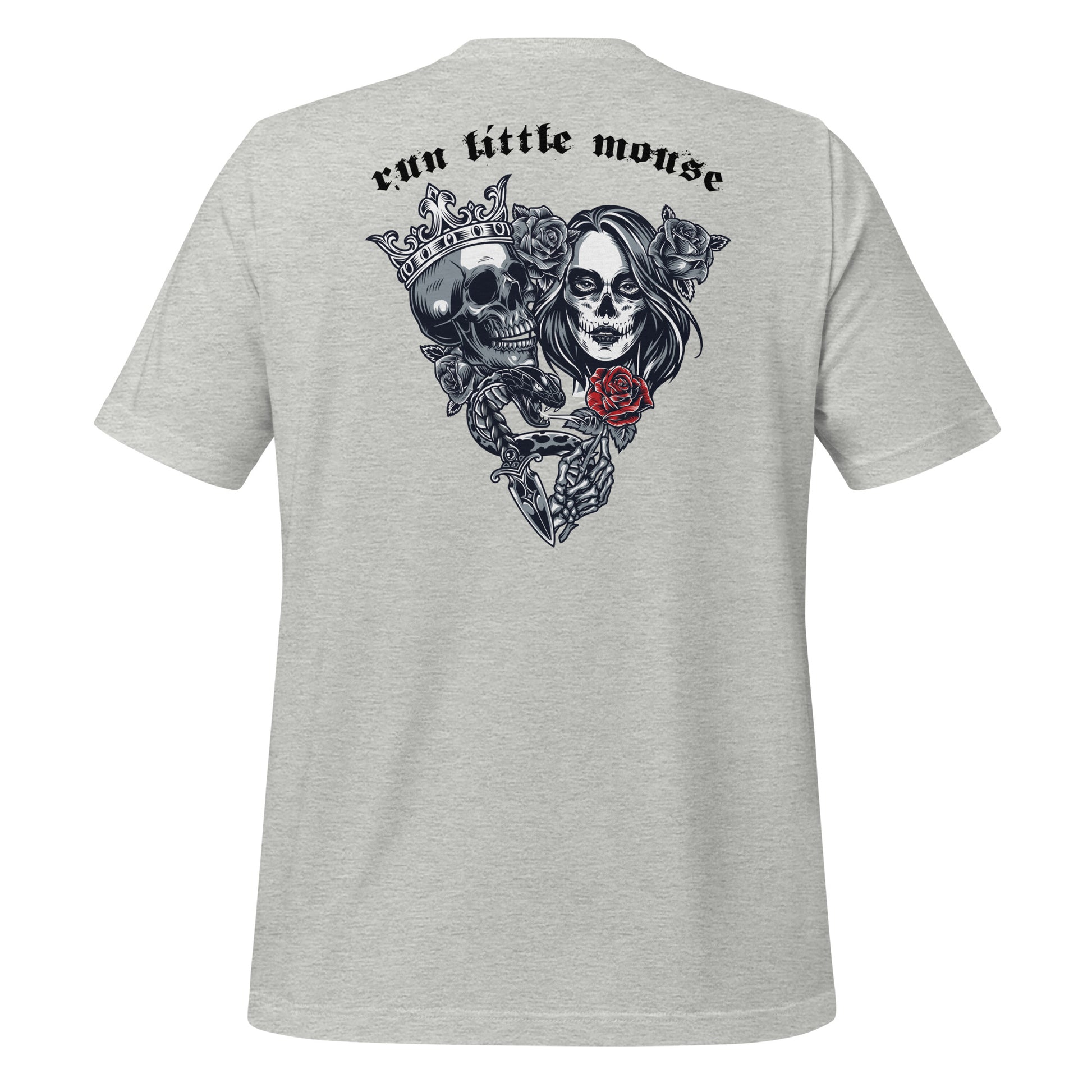 Athletic heather t-shirt that reads Run Little Mouse with a skull and day of the dead woman holding a red rose from Haunting Adeline book created by bookish shop Midnight Gypsy Designs.