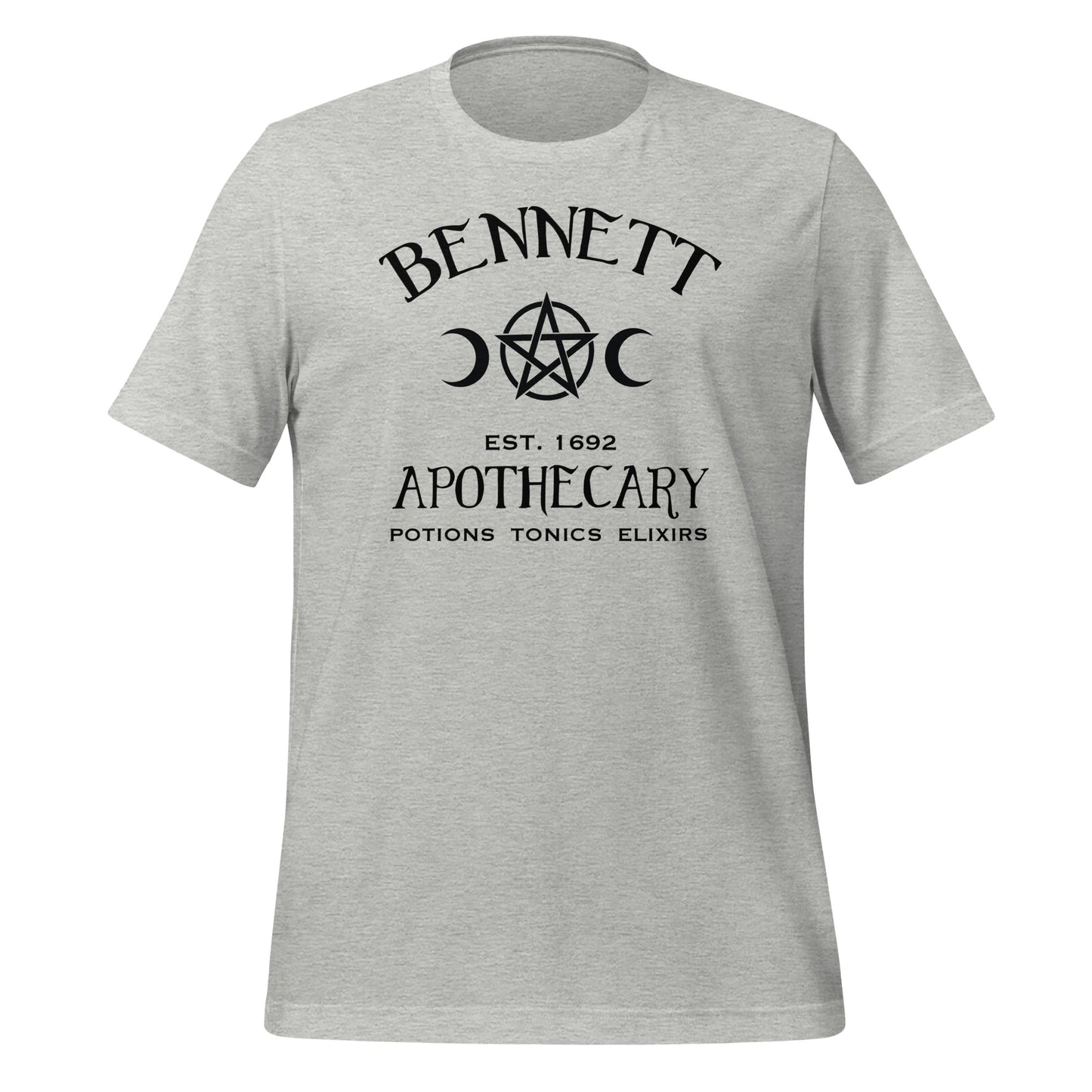 Athletic heather t-shirt with black lettering that reads Bennett Apothecary Established 1692 Potions Tonics Elixirs with moon and witch pentacle inspired by Bonnie Bennett from The Vampire Diaries created by apparel shop Midnight Gypsy Designs.