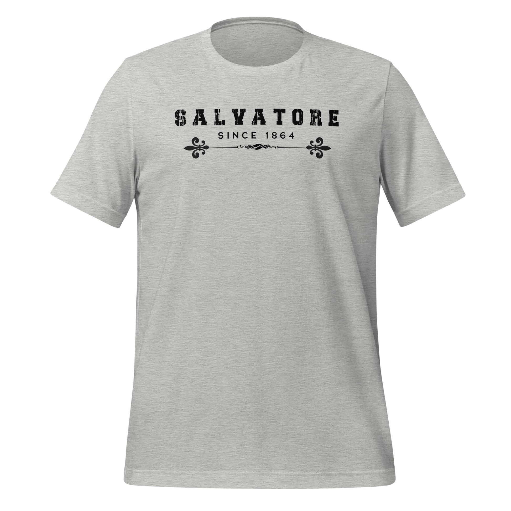 Athletic heather t-shirt that reads Salvatore Since 1864 with fleur de lis created by bookish apparel shop Midnight Gypsy Designs.