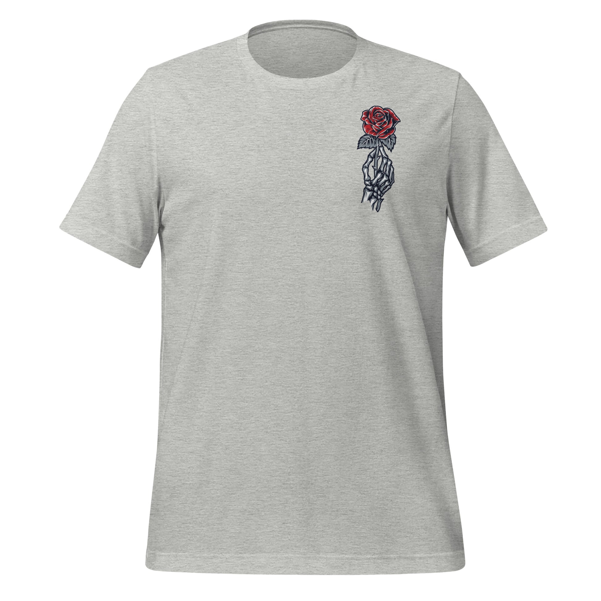 Athletic heather t-shirt that reads Run Little Mouse with a skull and day of the dead woman holding a red rose from Haunting Adeline book created by bookish shop Midnight Gypsy Designs.