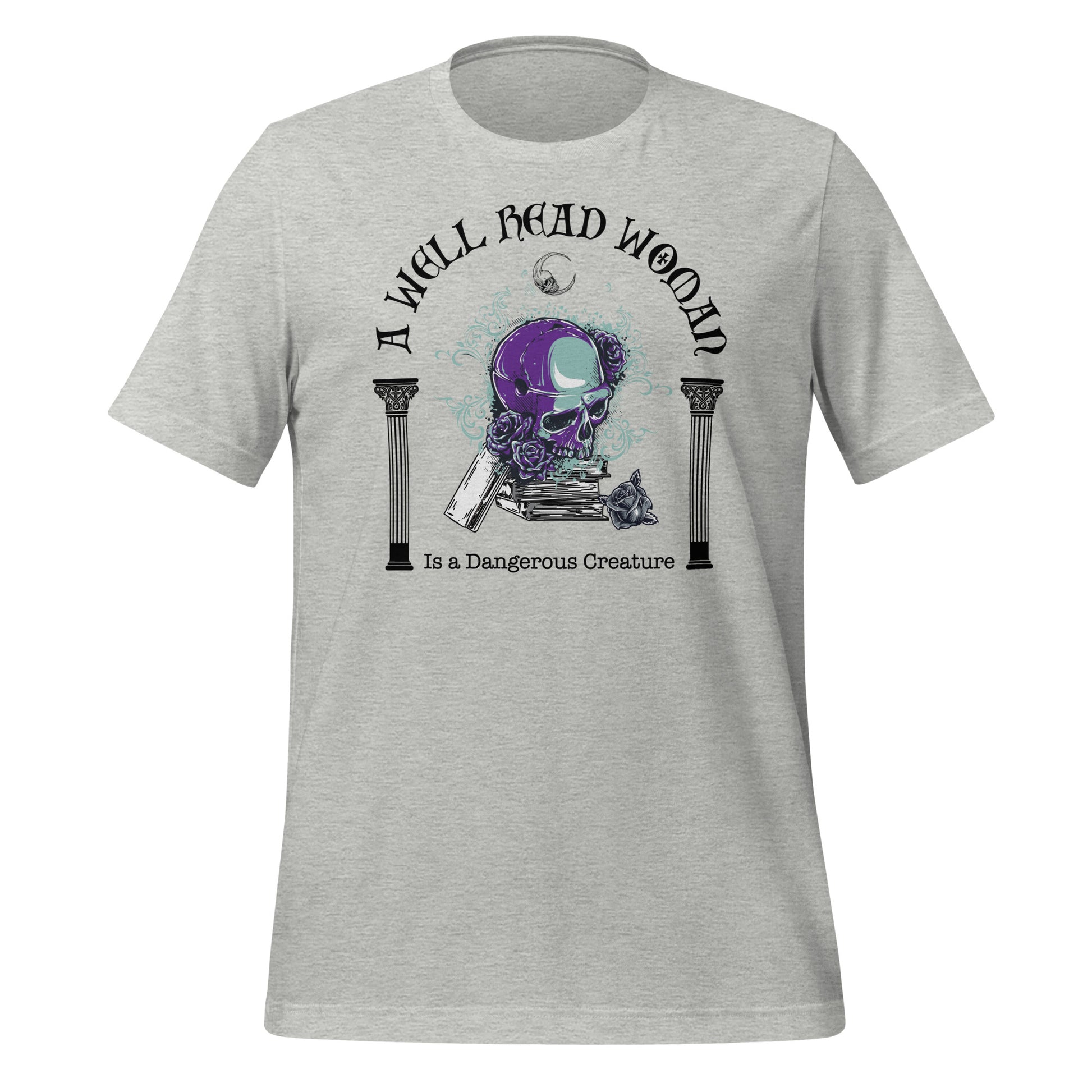 Athletic grey t-shirt with words A Well Read Woman Is a Dangerous Creature with a purple skull with roses on top of a stack of books from bookish shop Midnight Gypsy Designs.