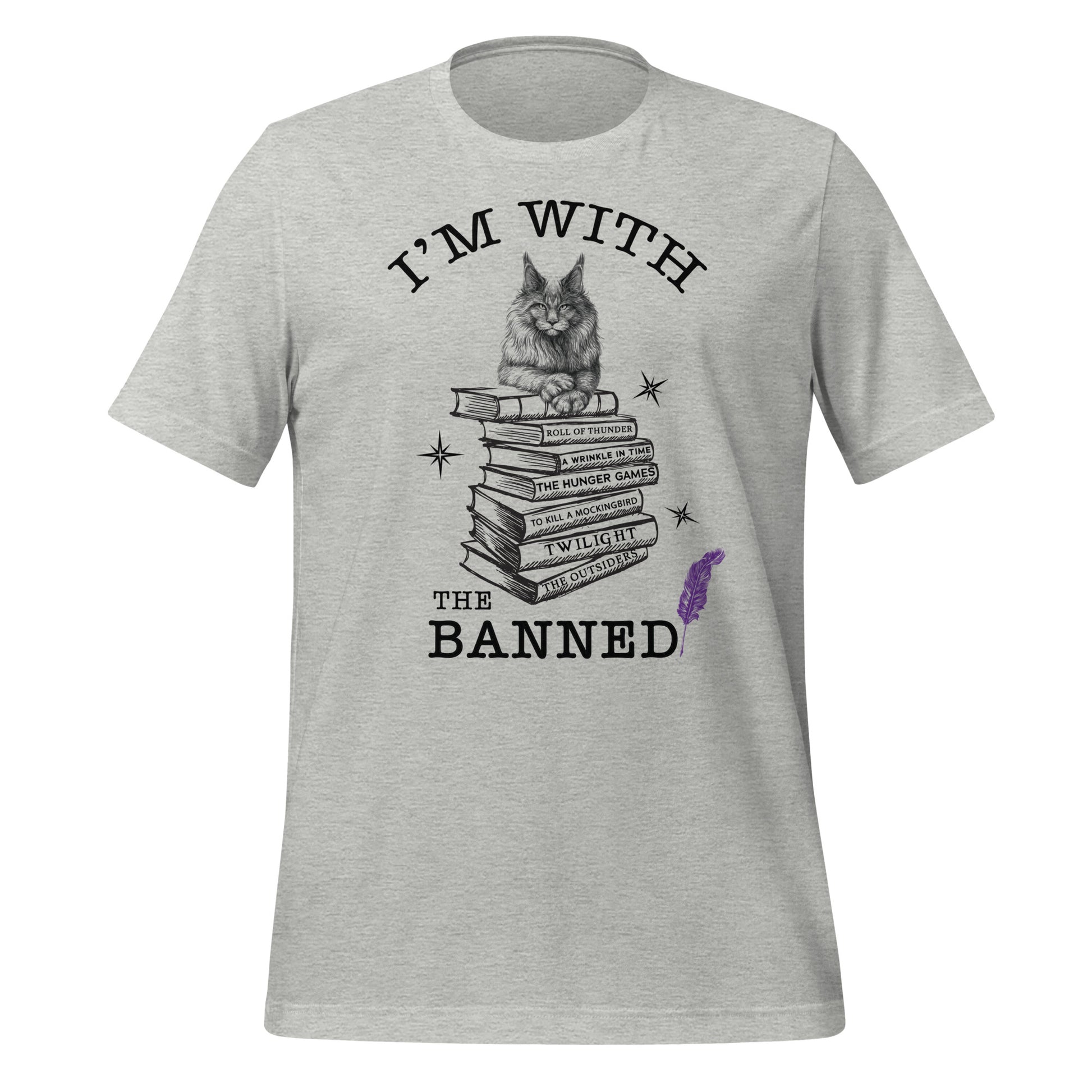 Heather grey t-shirt that reads I'm With the Banned and has a cat sitting on top of a stack of banned books with a purple feather created by Midnight Gypsy Designs.