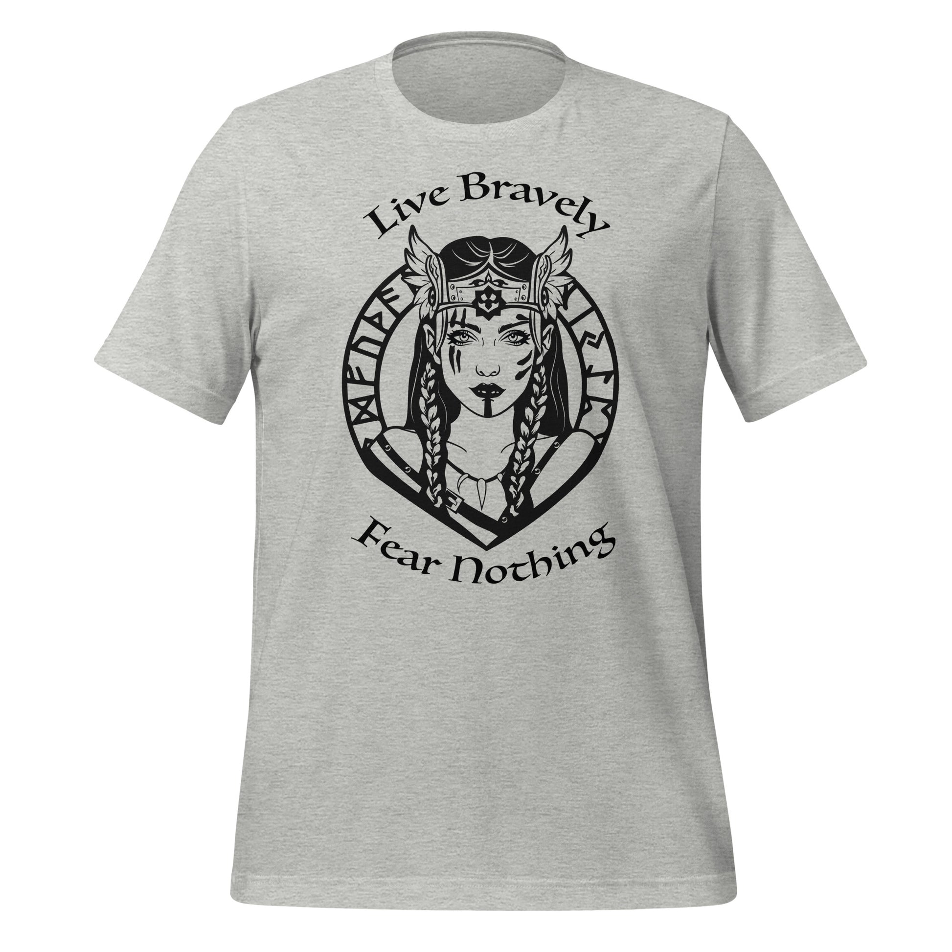 Athletic heather t-shirt that reads Live Bravely Fear Nothing with a Viking Warrior woman with Futhark runes created by apparel shop Midnight Gypsy Designs.