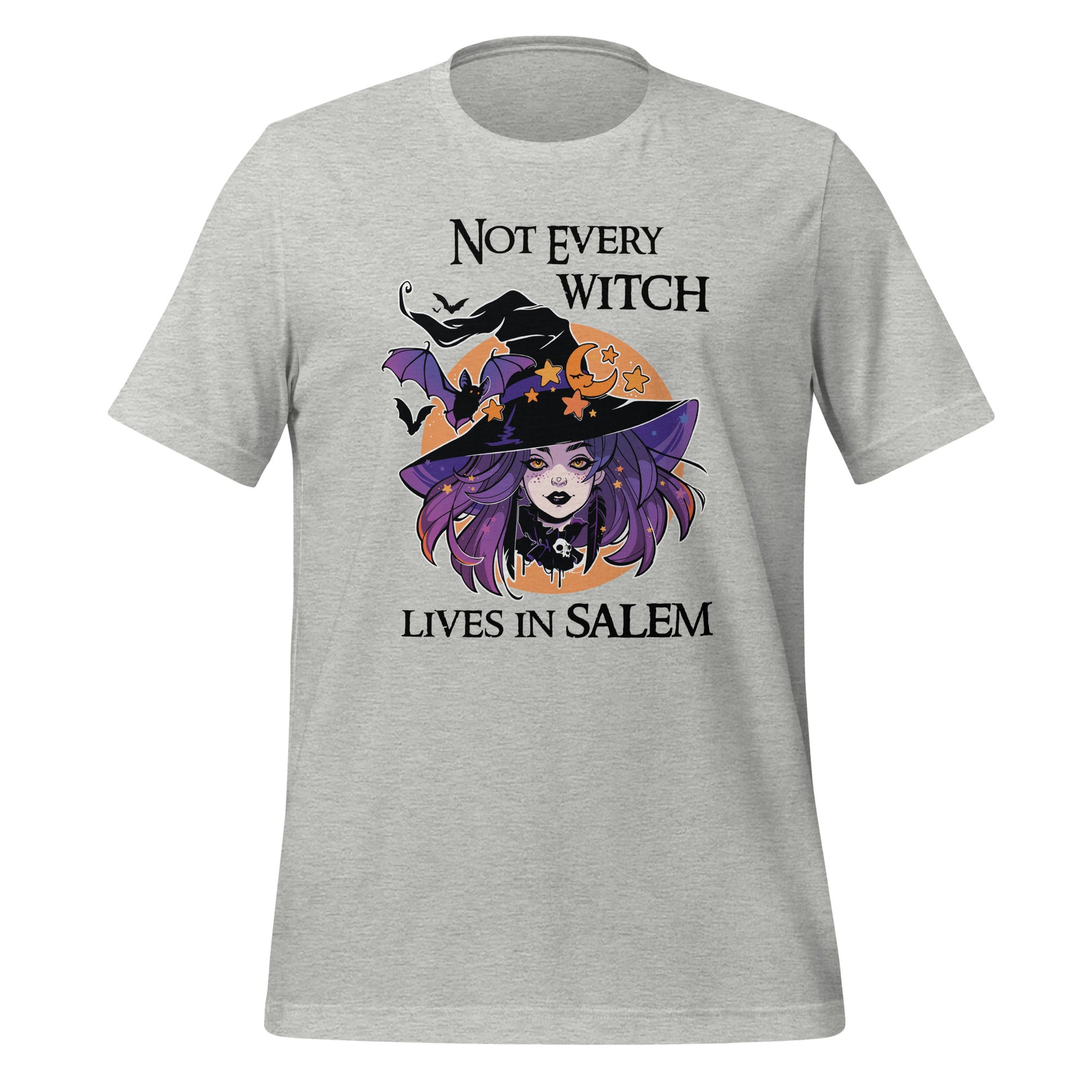 Athletic heather t-shirt that reads Not Every Witch Lives in Salem with a witch with purple hair wearing a black witch hat in front of a golden moon with stars and black bats created by apparel shop Midnight Gypsy Designs.