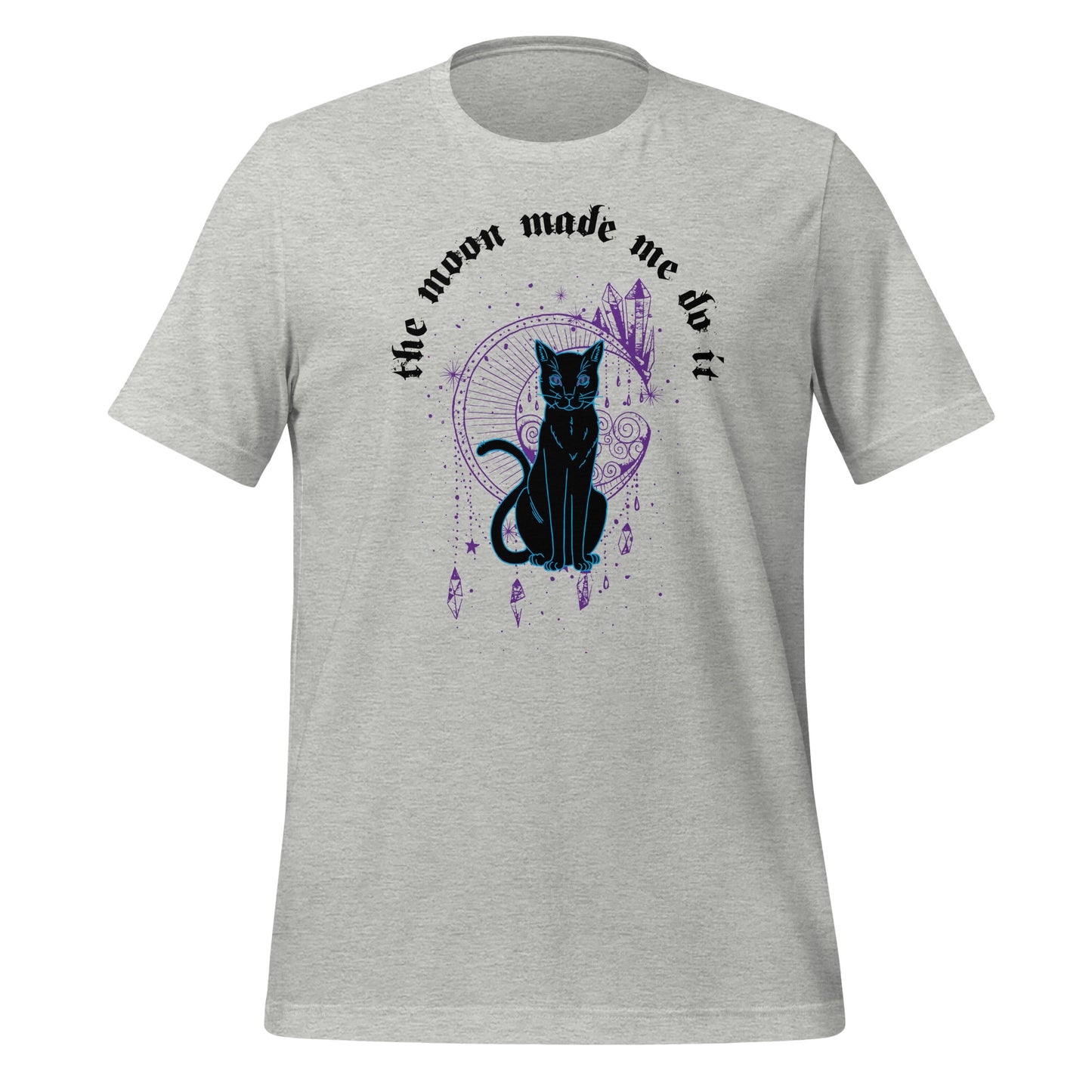 Athletic heather t-shirt that reads the moon made me do it with a black cat, celesital moon, stars, and crystals created by clothing apparel shop Midnight Gypsy Designs.