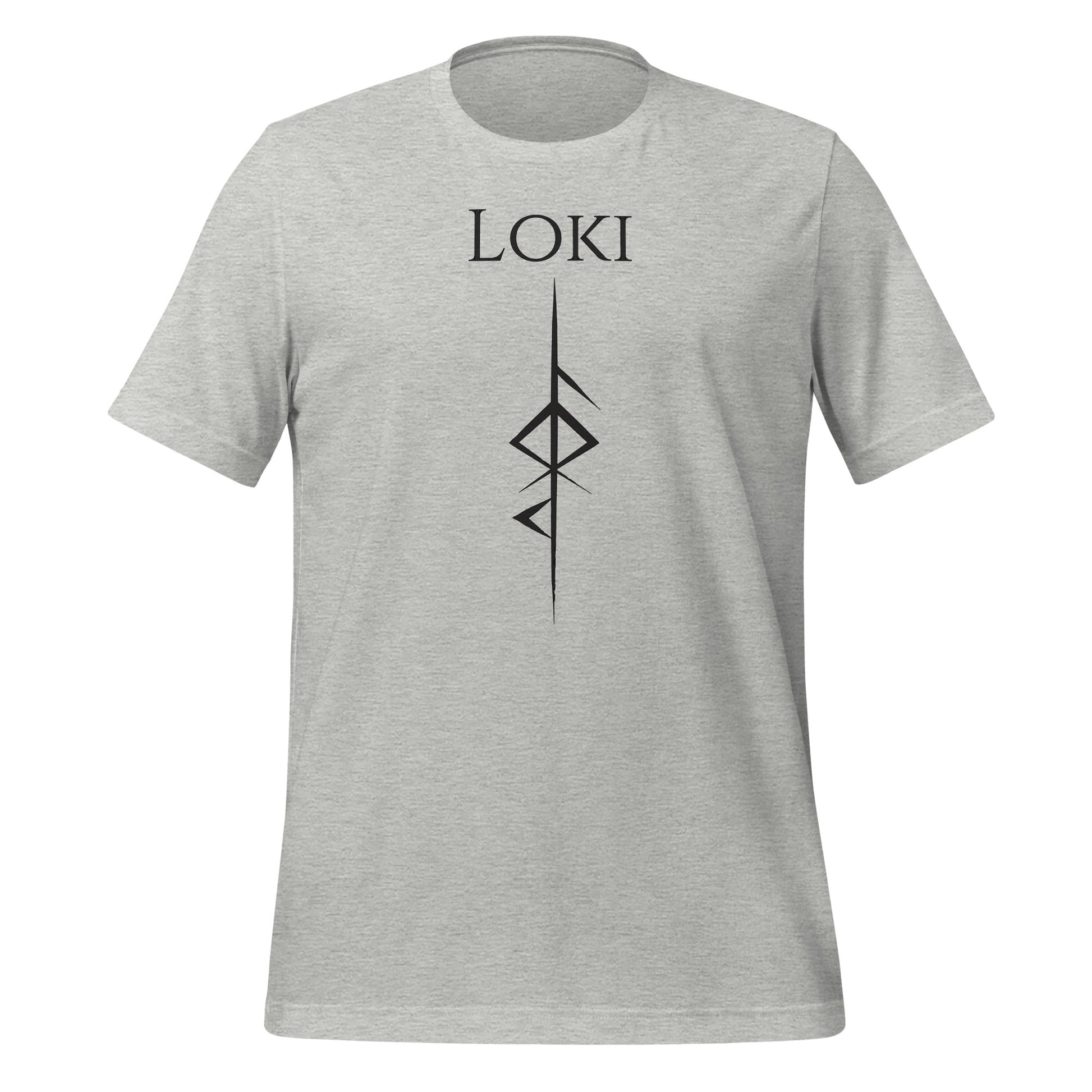 Athletic heather grey t-shirt that reads Loki with the Loki Futhark rune symbol for Loki God of Mischief created by Norse Viking apparel shop Midnight Gypsy Designs. 