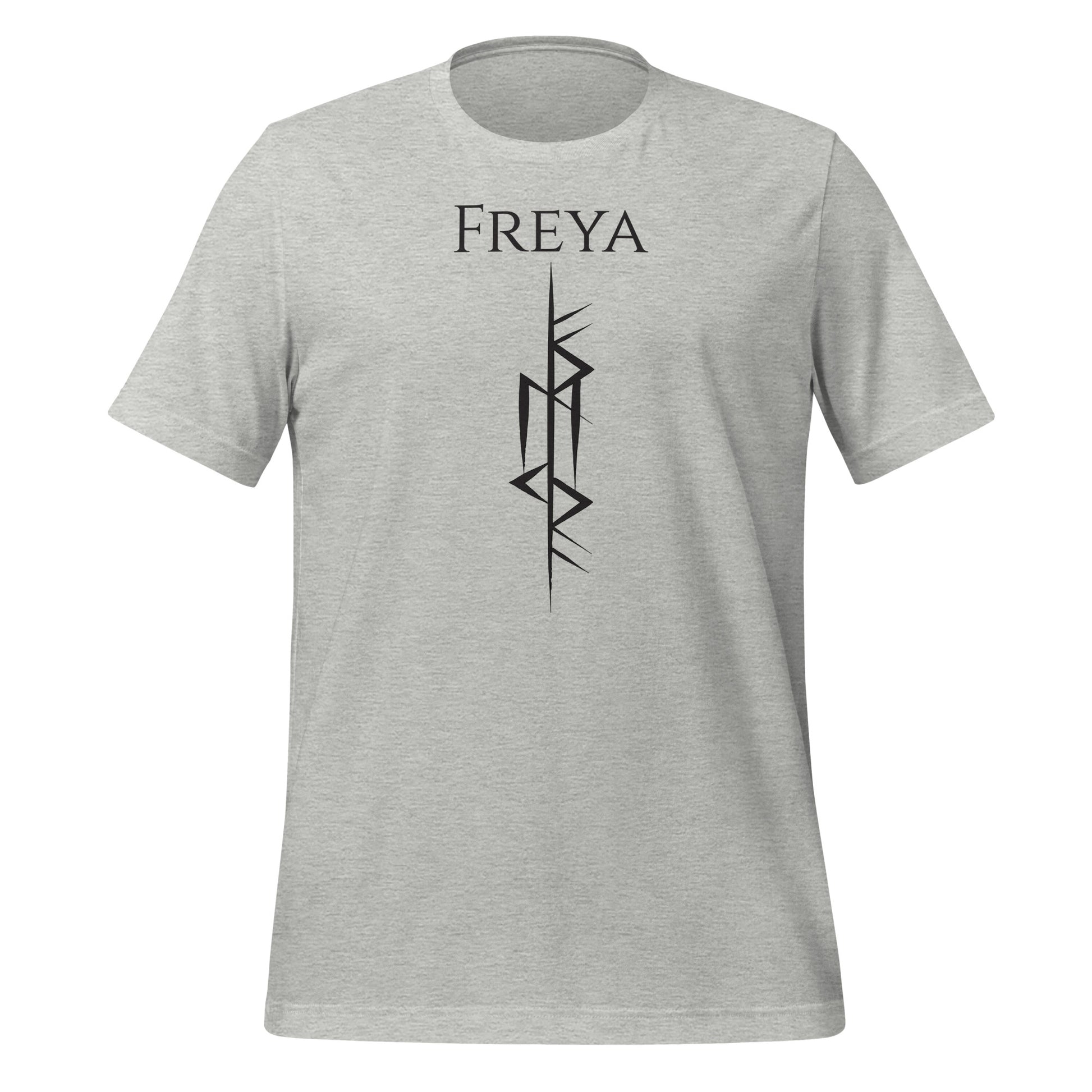 Viking warrior athletic heather t-shirt that says Freya with the Freya Goddess of Love Norse rune symbol created by Viking apparel shop Midnight Gypsy Designs.