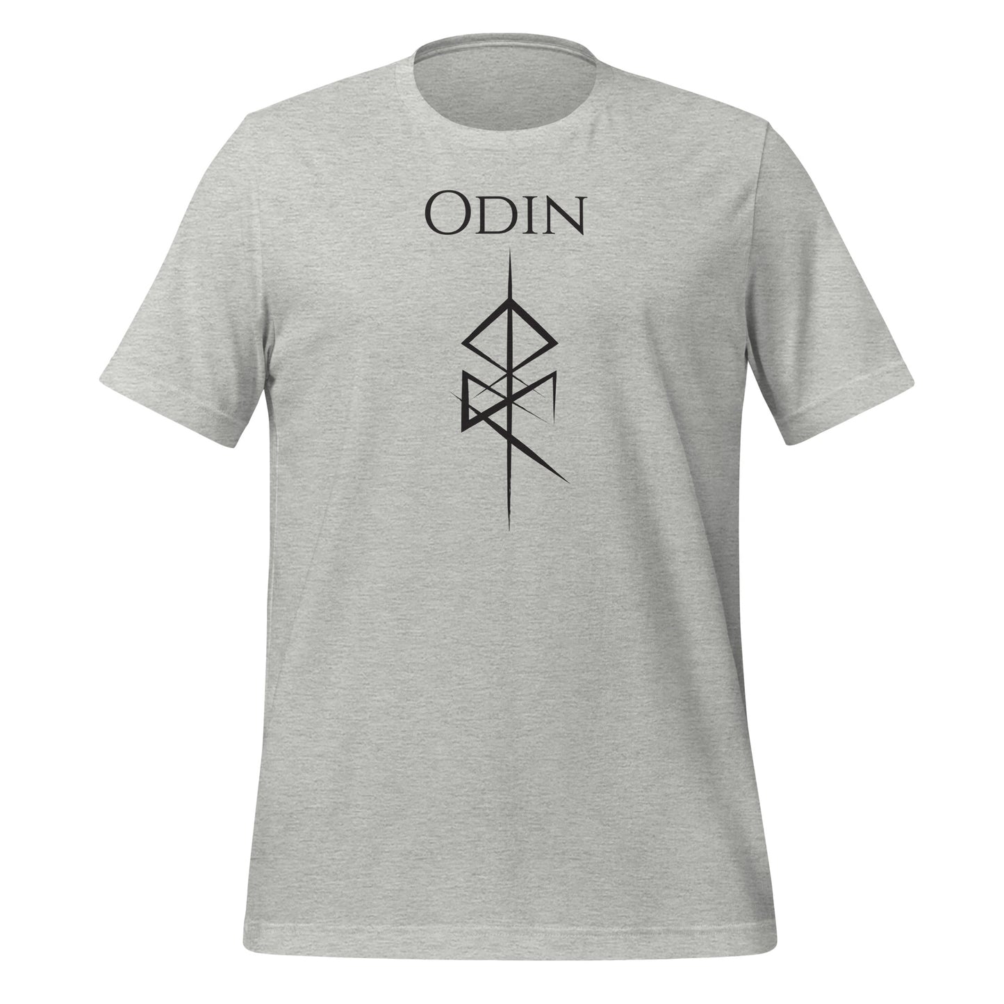 Athletic heather t-shirt that reads Odin with the Odin God of War Futhark rune symbol created by Norse Viking apparel shop Midnight Gypsy Designs. 