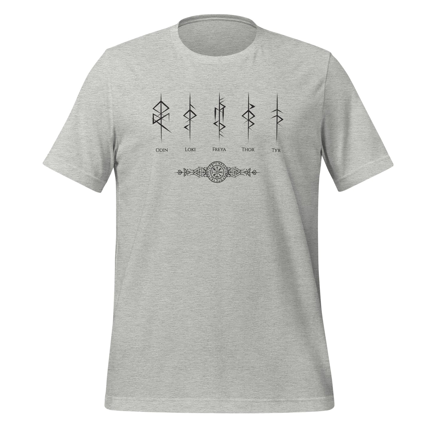 Athletic heather t-shirt that reads Odin, Loki, Freya, Thor, and Tyr with Futhark rune symbols and vegvisir viking compass created by Norse Viking apparel shop Midnight Gypsy Designs. 