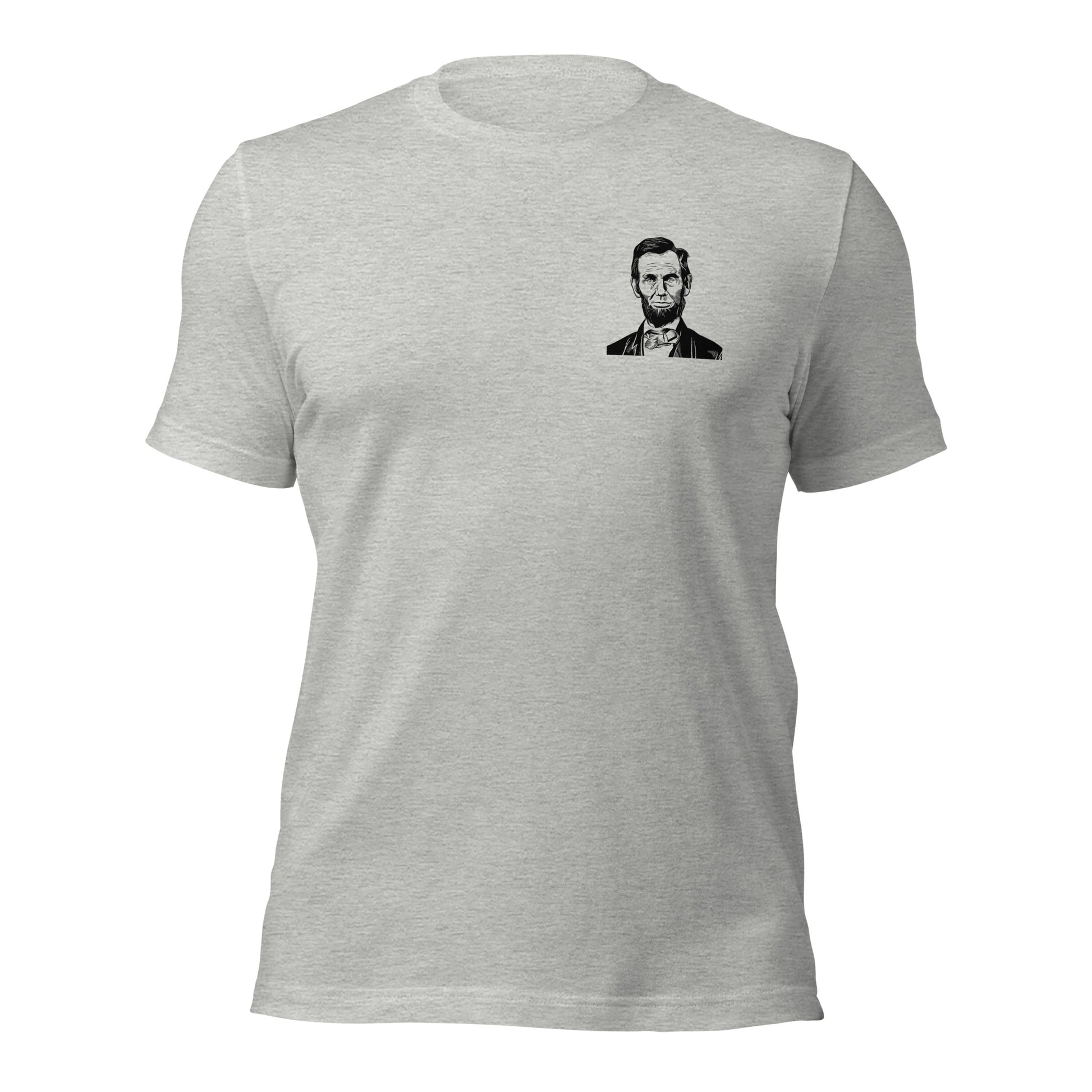 Athletic heather grey patriotic t-shirt that says those who deny freedom to others deserve it not for themselves by Abraham Lincoln with a photo of Abraham Lincoln on pocket of shirt created by apparel shop Midnight Gypsy Designs.