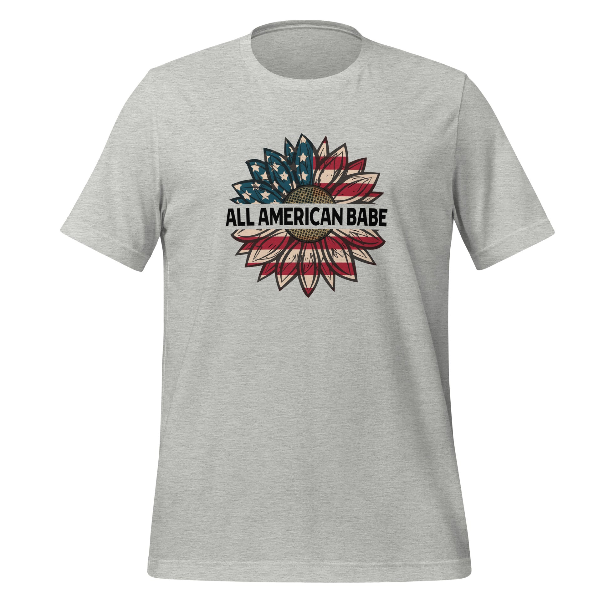 Athletic heather grey All American Babe patriotic t-shirt with an American flag sunflower created by USA patriotic apparel shop Midnight Gypsy Designs. 