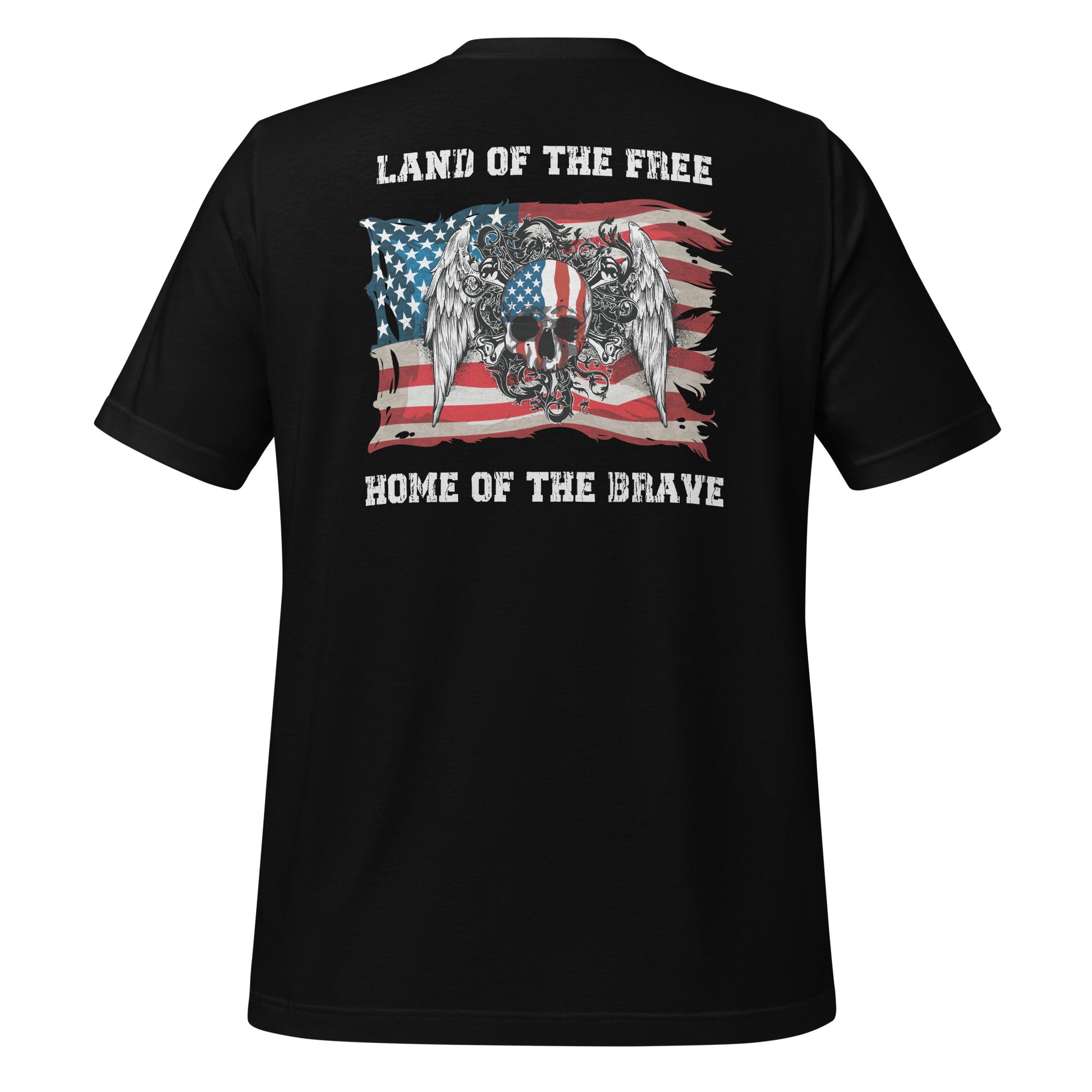 Black t-shirt that reads Land of the Free Home of the Brave with the American flag and a skull with angel wings created by apparel shop Midnight Gypsy Designs.