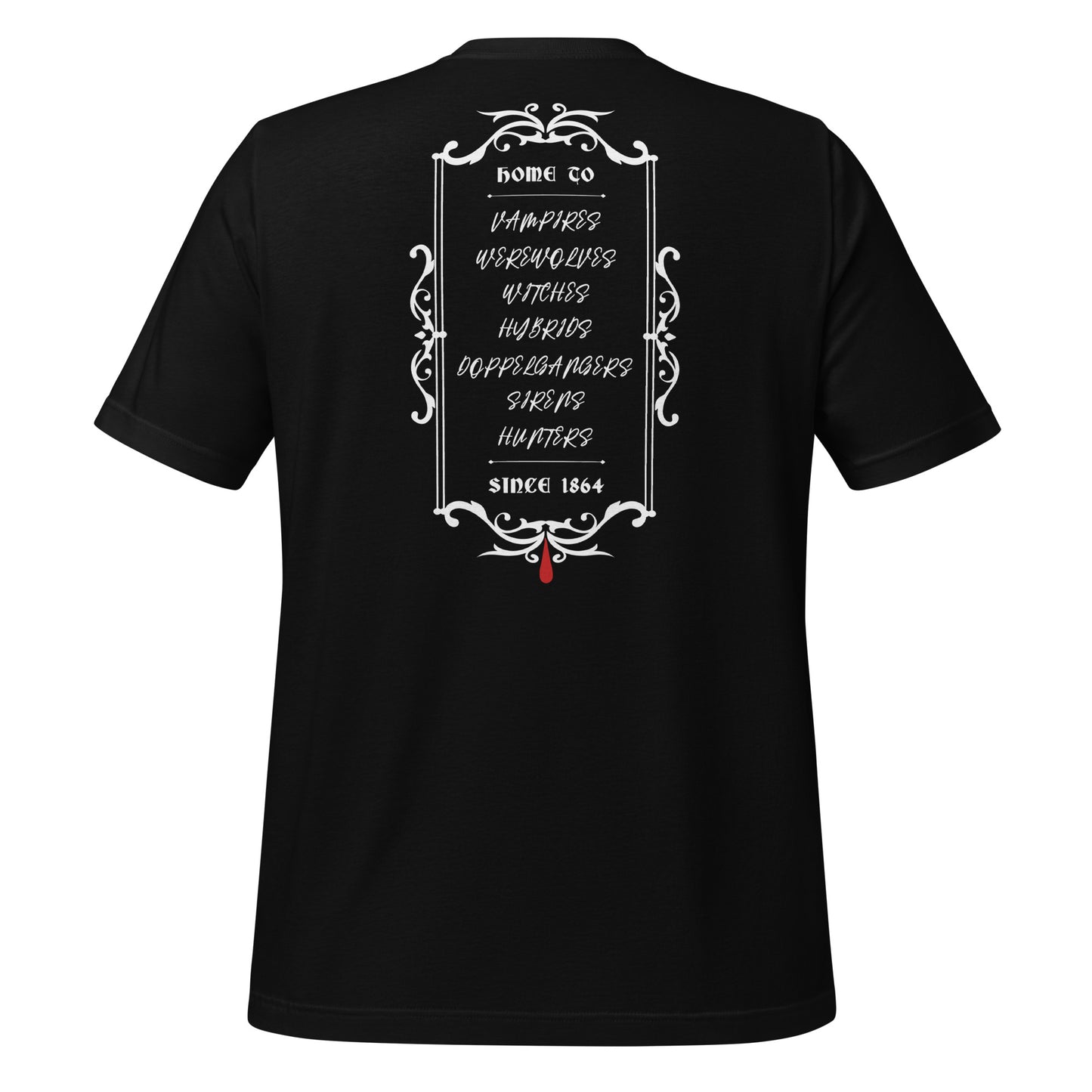 Black Mystic Falls, VA The Vampire Diaries t-shirt that reads Home to vampires, werewolves, witches, hybrids, doppelgangers, sirens, and hunters since 1864 with a red blood drip created by clothing apparel shop Midnight Gypsy Designs.