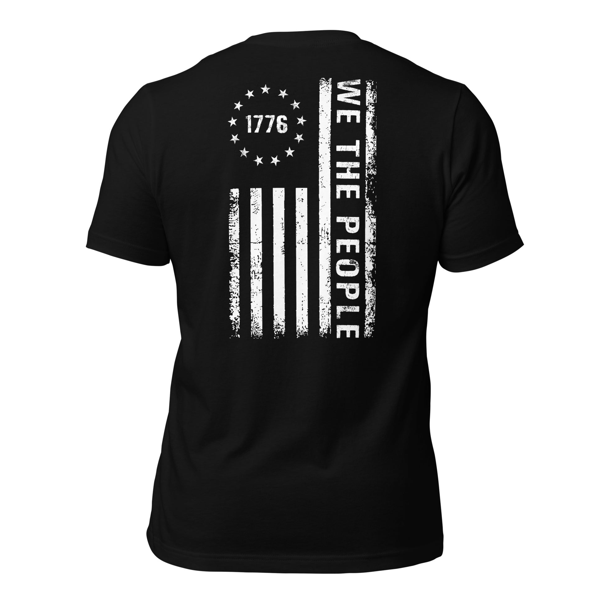 Black and white USA patriotic 1776 we the people t-shirt with USA flag and 13 colonial stars created by American patriotic clothing apparel shop Midnight Gypsy Designs.