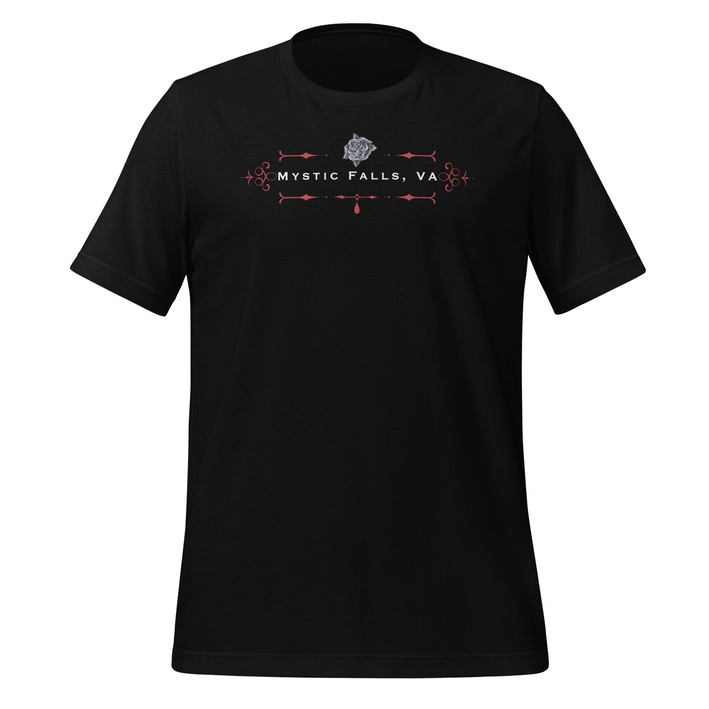 Black Mystic Falls t-shirt from The Vampire Diaries that says look like a Salvatore, Act like a Forbes, Love like a Gilbert, Sacrifice like a Bennett, survive like a Petrova, and fight like a Mikaelson with a rose and red blood drip created by clothing apparel shop Midnight Gypsy Designs.