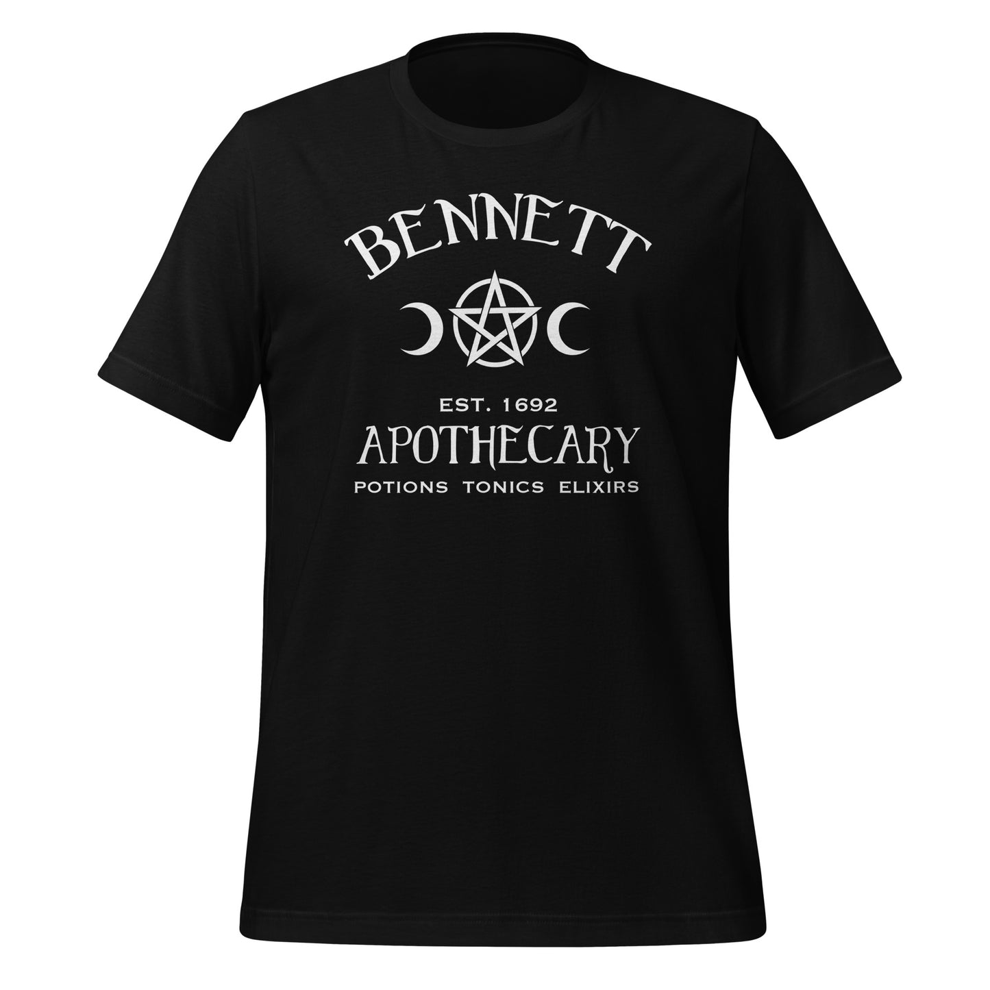 Black t-shirt with white lettering that reads Bennett Apothecary Established 1692 Potions Tonics Elixirs with moon and witch pentacle inspired by Bonnie Bennett from The Vampire Diaries created by apparel shop Midnight Gypsy Designs.