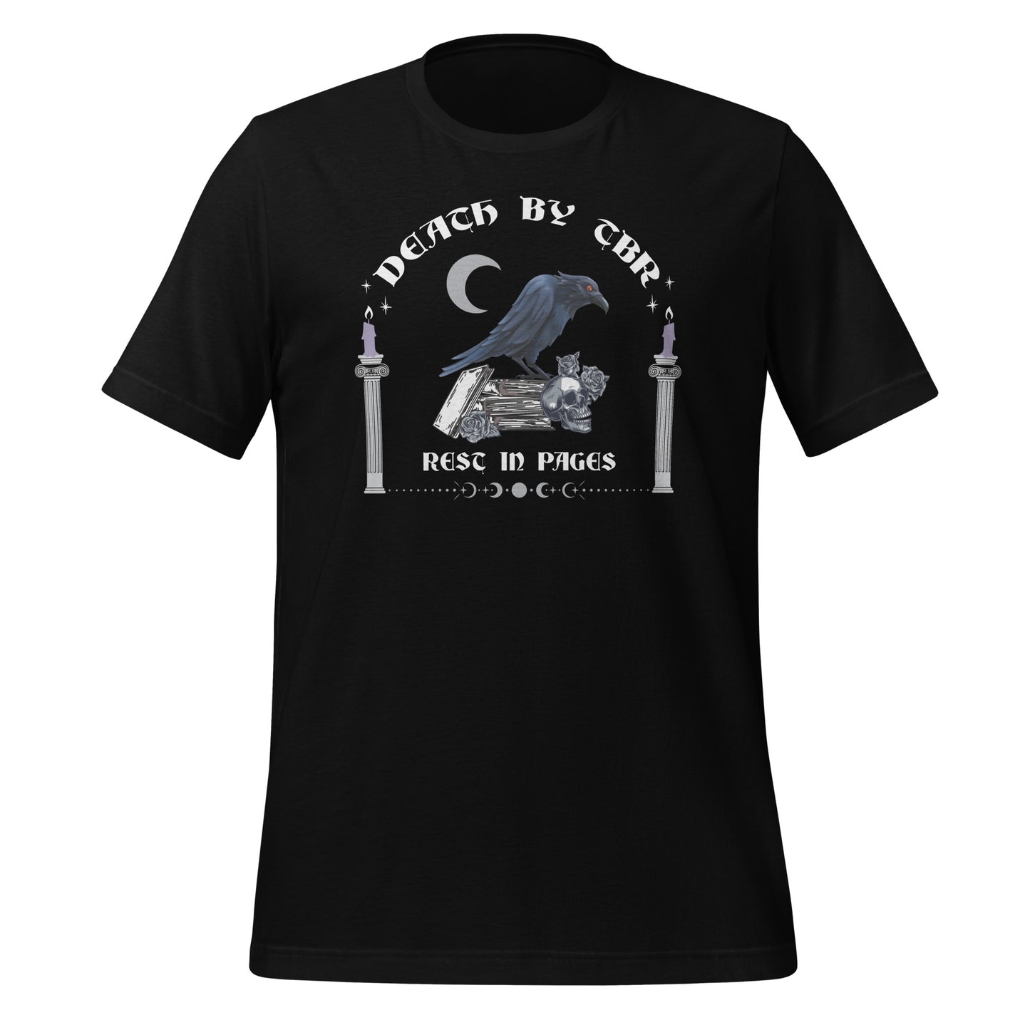 Black t-shirt that reads Death By TBR Rest In Pages with moon, raven standing on a book stack, a skull, and two burning candles from bookish shop Midnight Gypsy Designs.