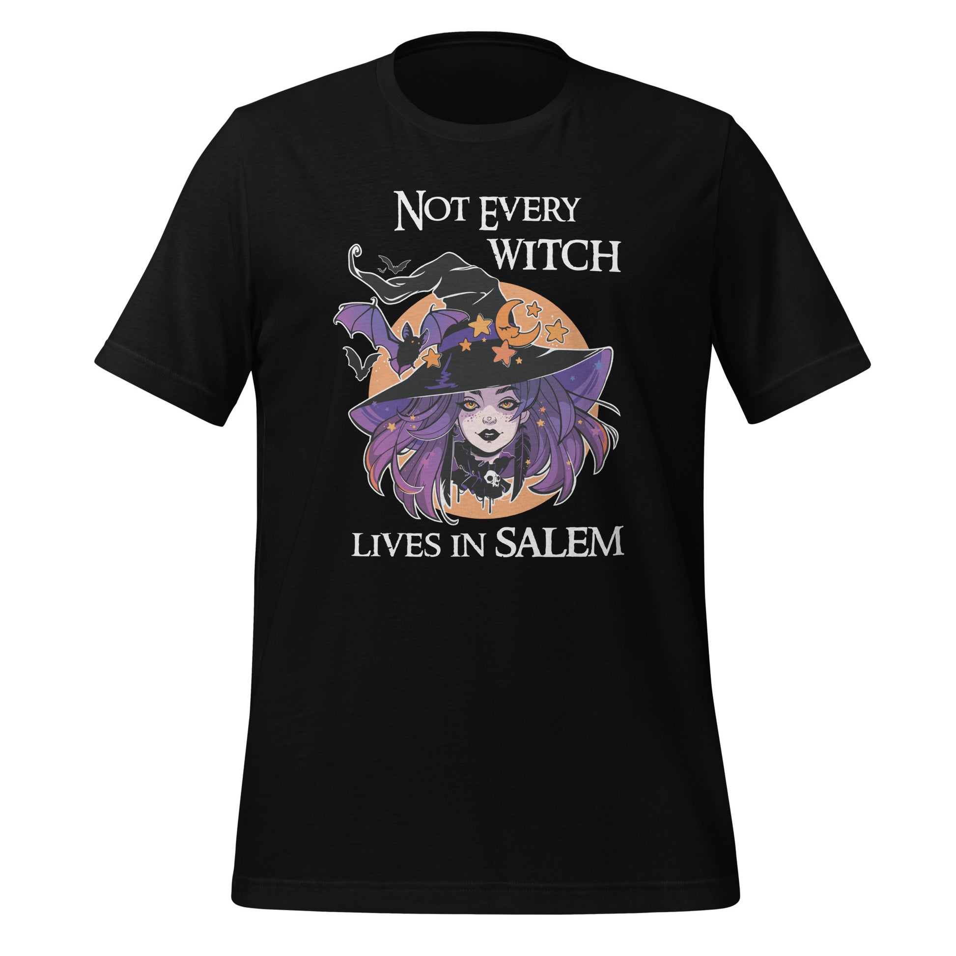 Black t-shirt that reads Not Every Witch Lives in Salem with a witch with purple hair wearing a black witch hat in front of a golden moon with stars and black bats created by apparel shop Midnight Gypsy Designs.