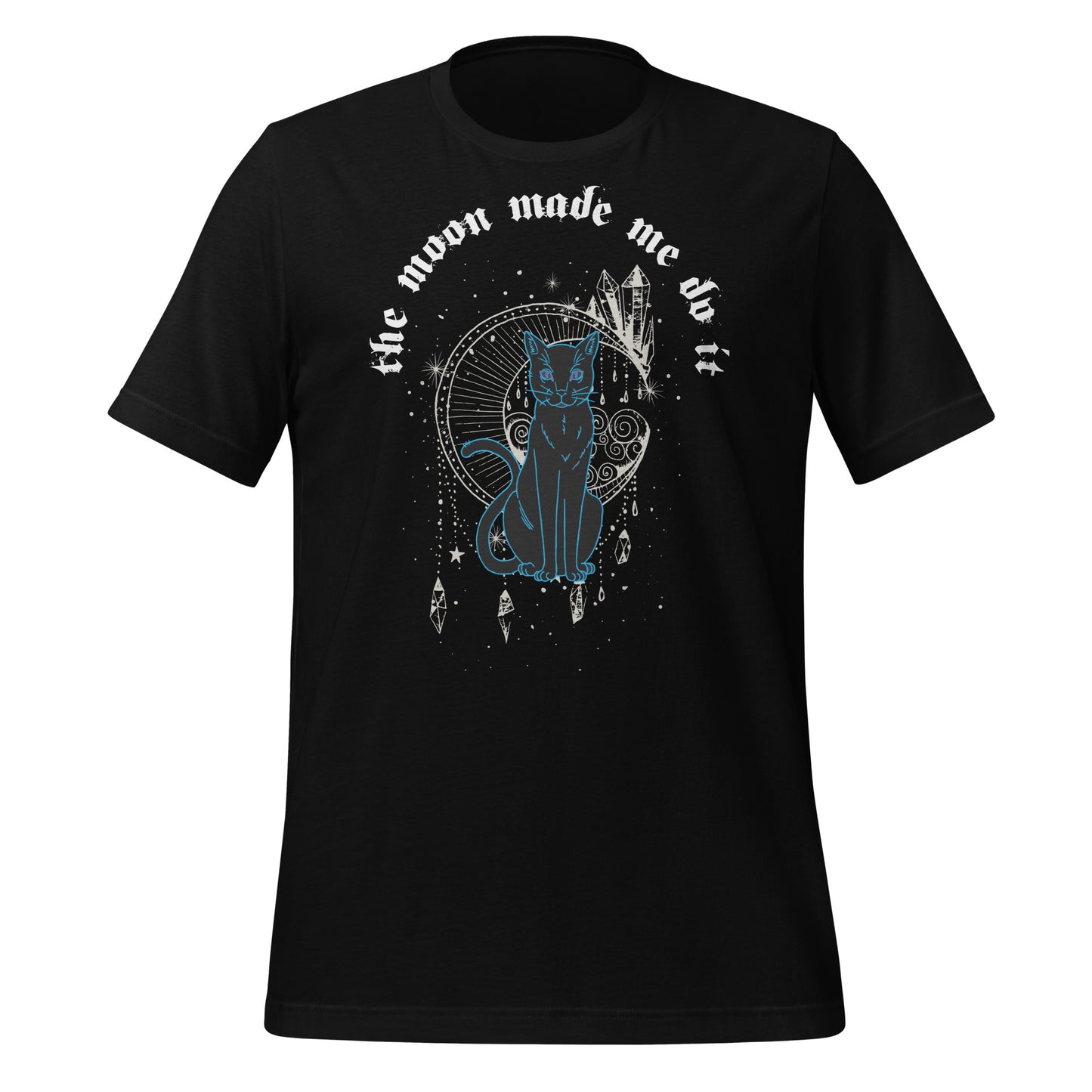 Black t-shirt that reads the moon made me do it with a black cat, celesital moon, stars, and crystals created by clothing apparel shop Midnight Gypsy Designs.