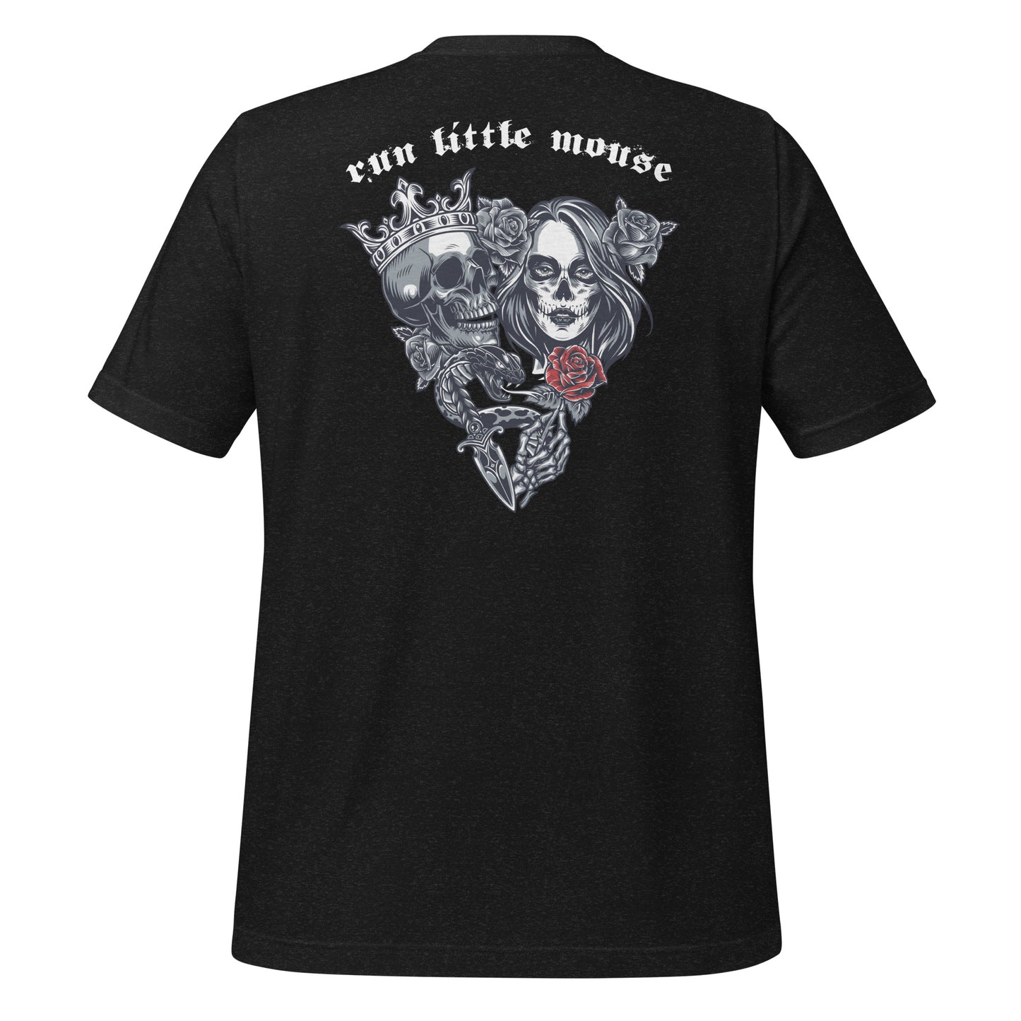 Black heather t-shirt that reads Run Little Mouse with a skull and day of the dead woman holding a red rose from Haunting Adeline book created by bookish shop Midnight Gypsy Designs.