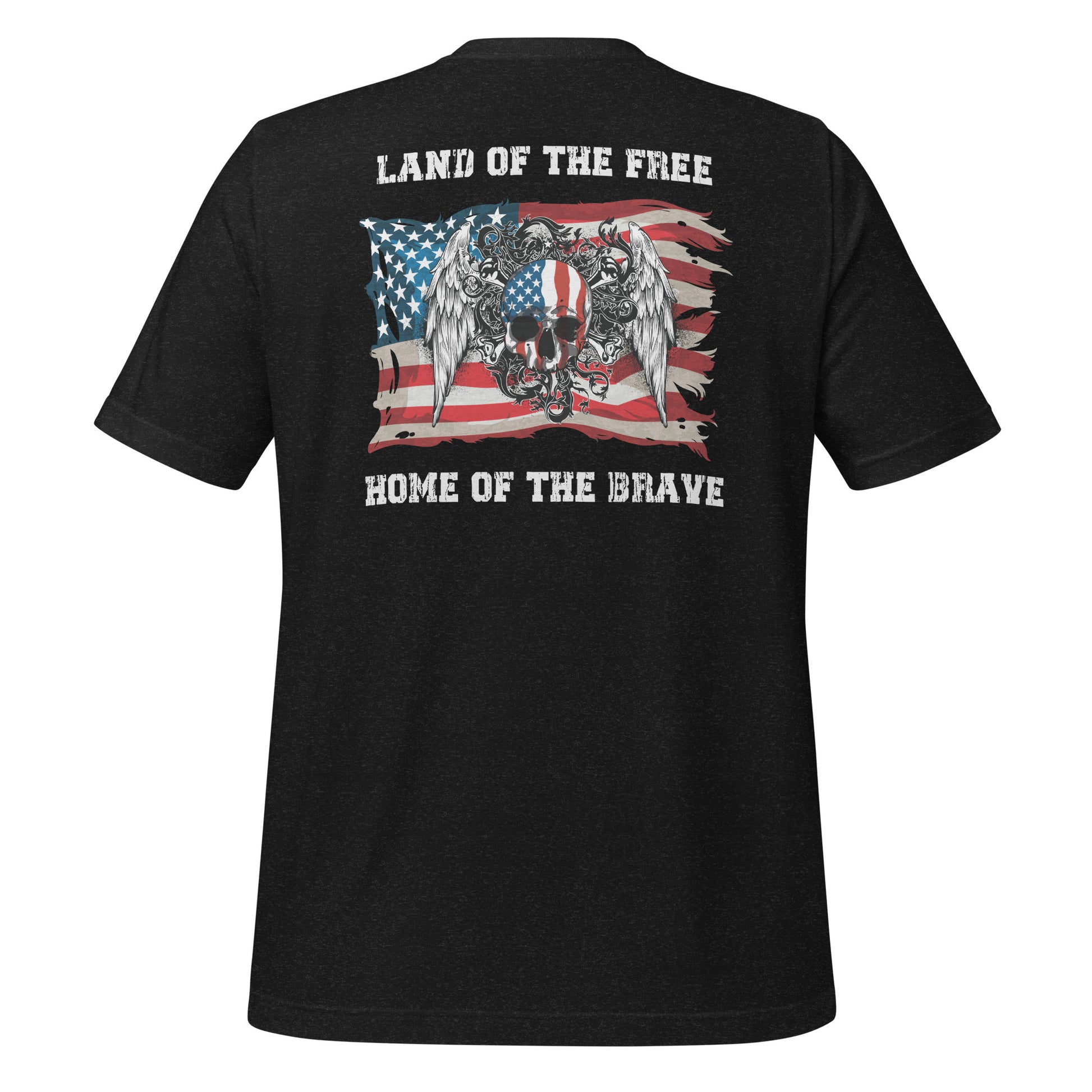  Black heather t-shirt that reads Land of the Free Home of the Brave with the American flag and a skull with angel wings created by apparel shop Midnight Gypsy Designs.