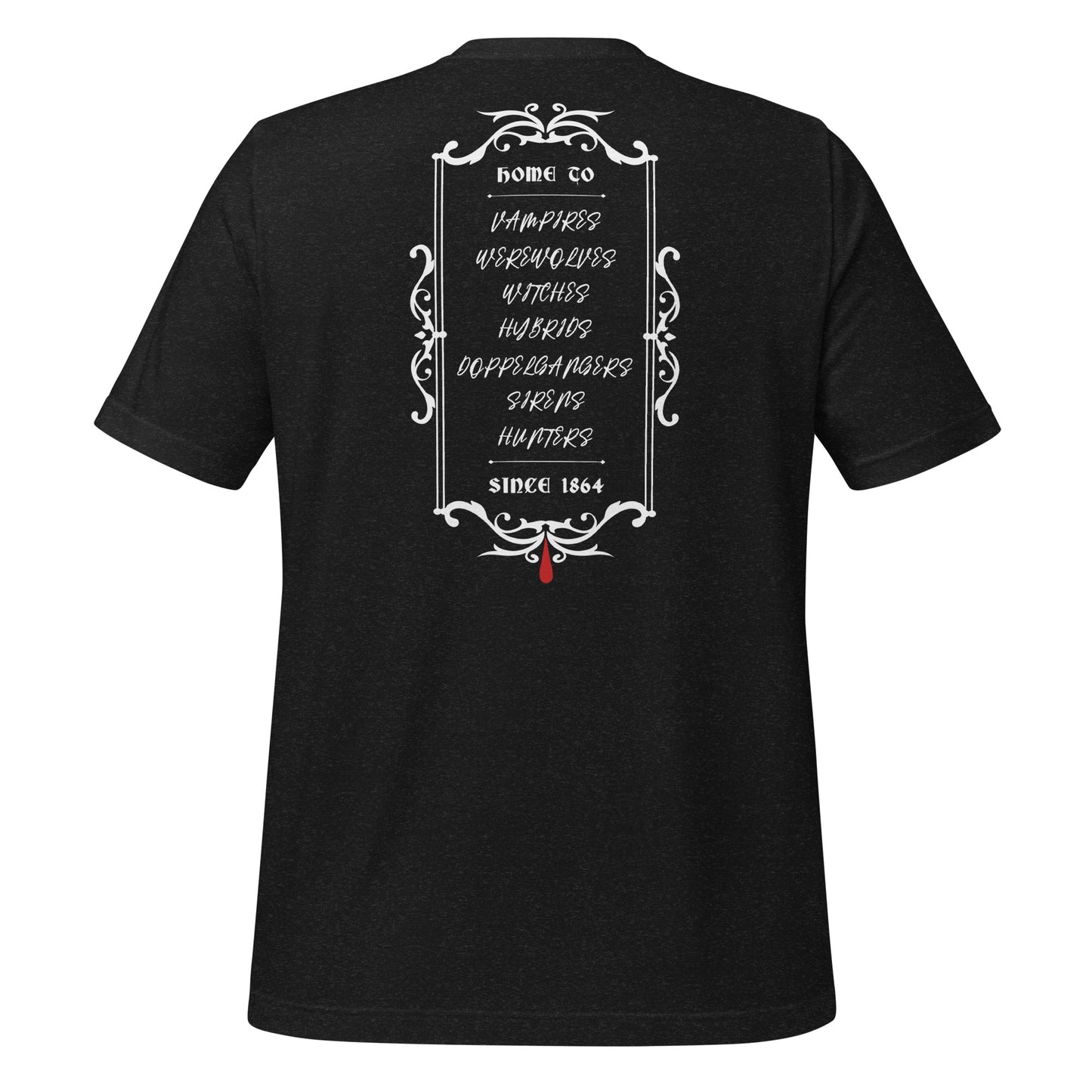 Heather black Mystic Falls, VA The Vampire Diaries t-shirt that reads Home to vampires, werewolves, witches, hybrids, doppelgangers, sirens, and hunters since 1864 with a red blood drip created by clothing apparel shop Midnight Gypsy Designs.