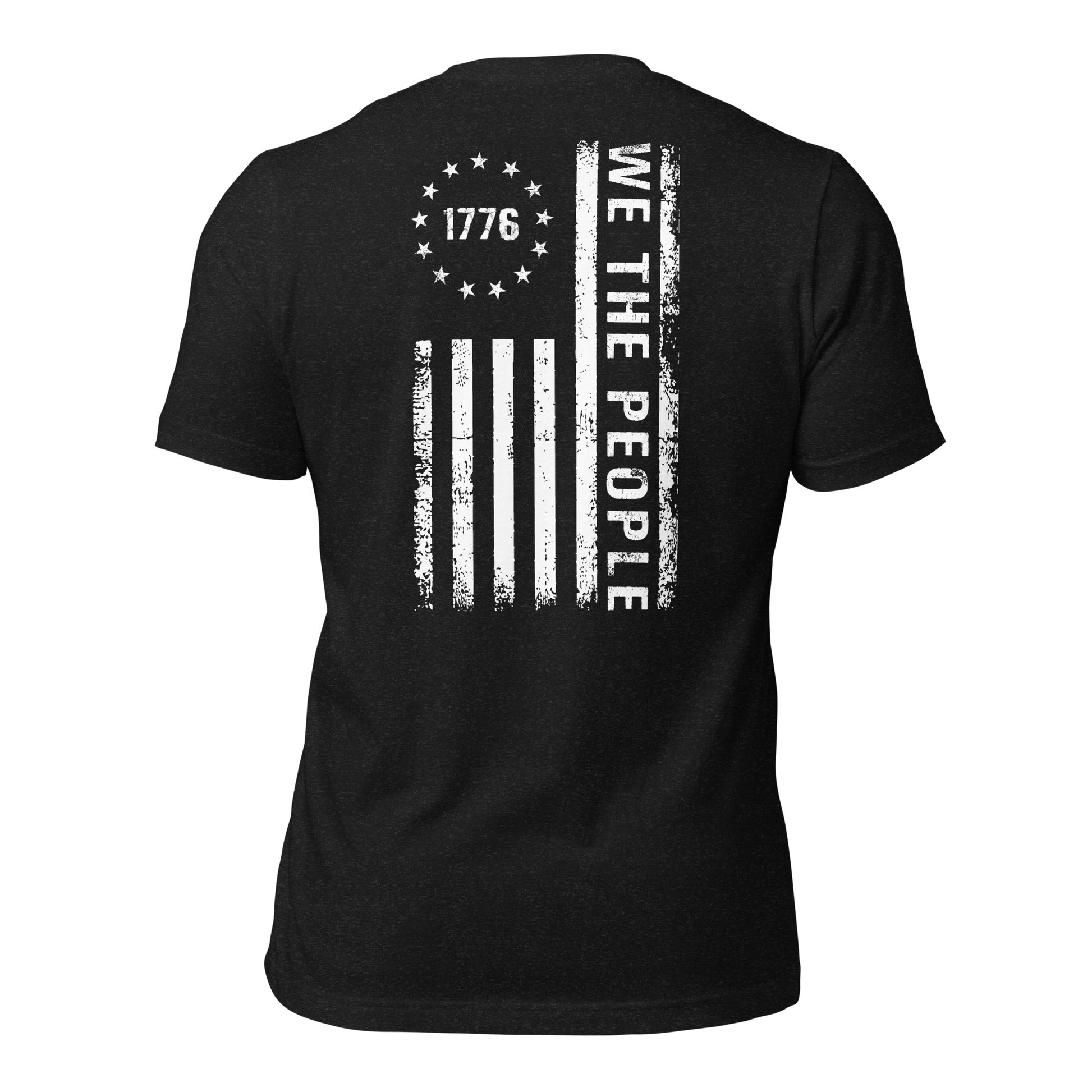 Black and white USA patriotic 1776 we the people t-shirt with USA flag and 13 colonial stars created by American patriotic clothing apparel shop Midnight Gypsy Designs.