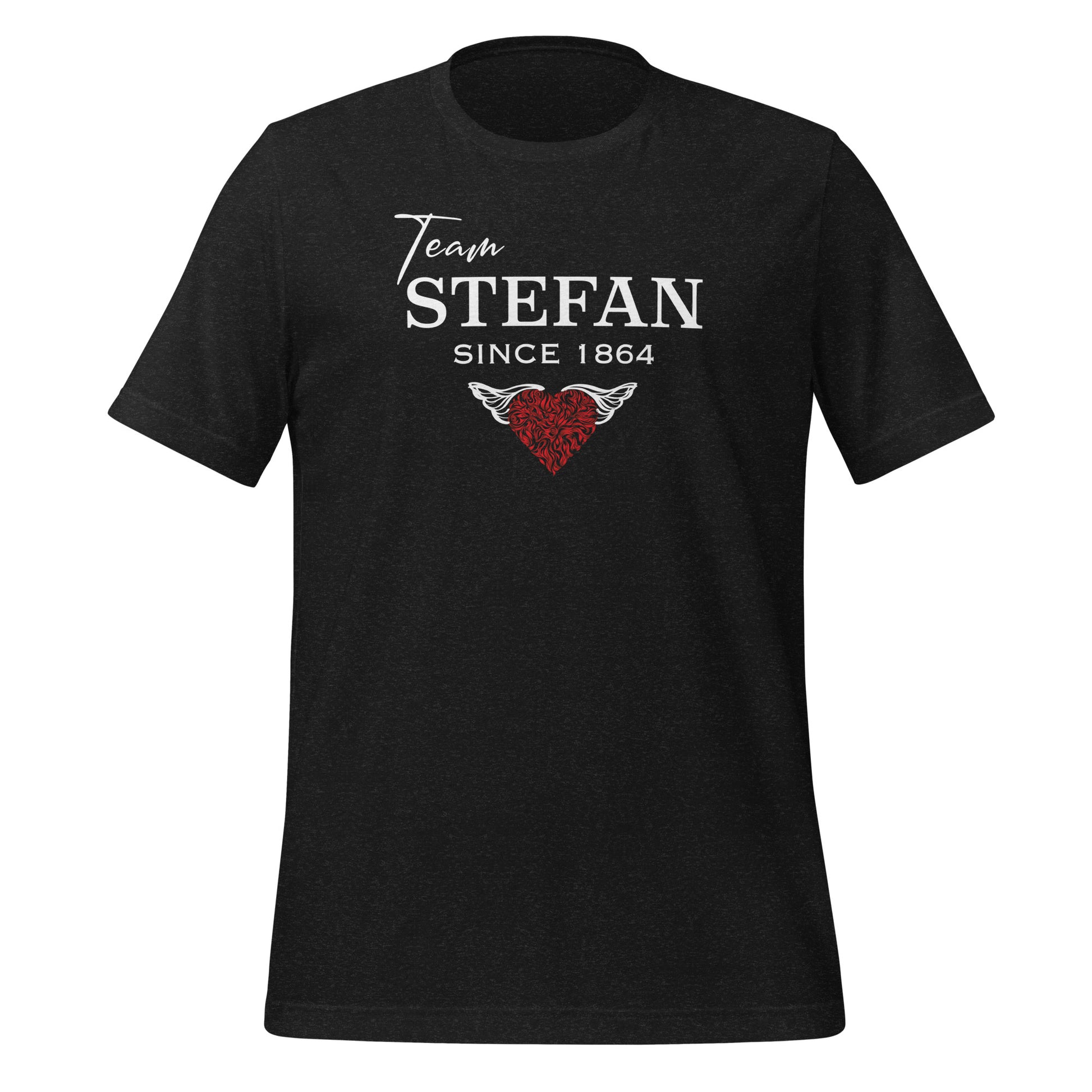 Black heather t-shirt from The Vampire Diaries that reads Team Stefan Since 1864 with a red heart  created by bookish shop Midnight Gypsy Designs.