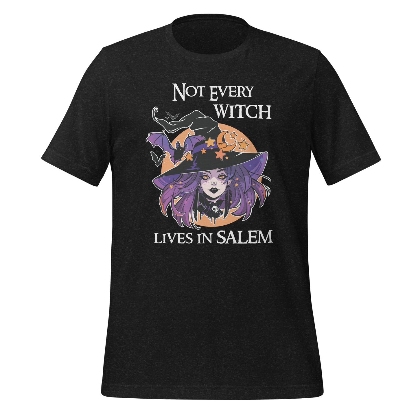 Black heather t-shirt that reads Not Every Witch Lives in Salem with a witch with purple hair wearing a black witch hat in front of a golden moon with stars and black bats created by apparel shop Midnight Gypsy Designs.