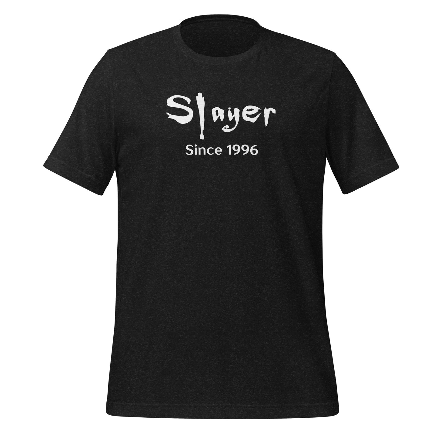 Black heather Slayer Since 1996 Buffy the Vampire Slayer t-shirt created by clothing apparel shop Midnight Gypsy Designs.