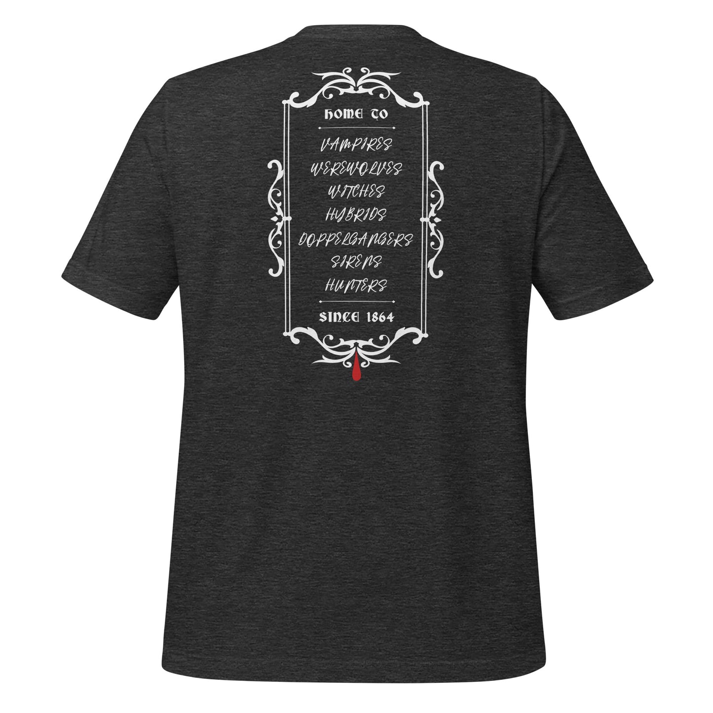 Dark grey heather Mystic Falls, VA The Vampire Diaries t-shirt that reads Home to vampires, werewolves, witches, hybrids, doppelgangers, sirens, and hunters since 1864 with a red blood drip created by clothing apparel shop Midnight Gypsy Designs.