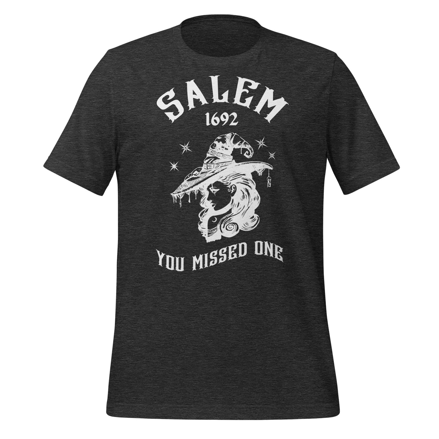 Dark grey heather t-shirt with 1692 Salem Witch Trials You Missed One written in white letters and a witch in a witch hat with stars from apparel shop Midnight Gypsy Designs.