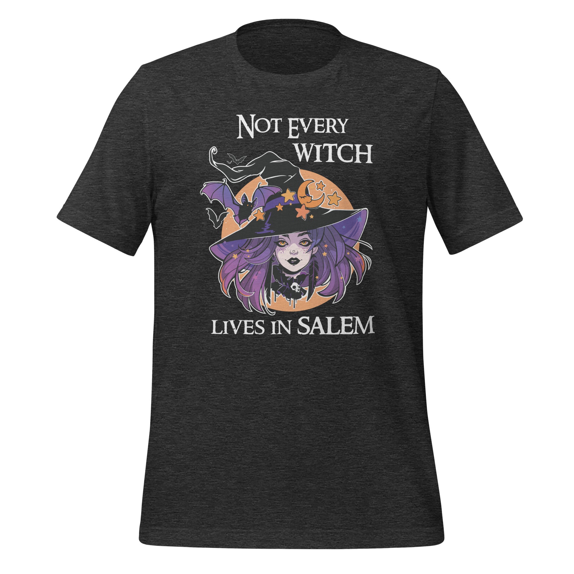 Dark grey heather t-shirt that reads Not Every Witch Lives in Salem with a witch with purple hair wearing a black witch hat in front of a golden moon with stars and black bats created by apparel shop Midnight Gypsy Designs.