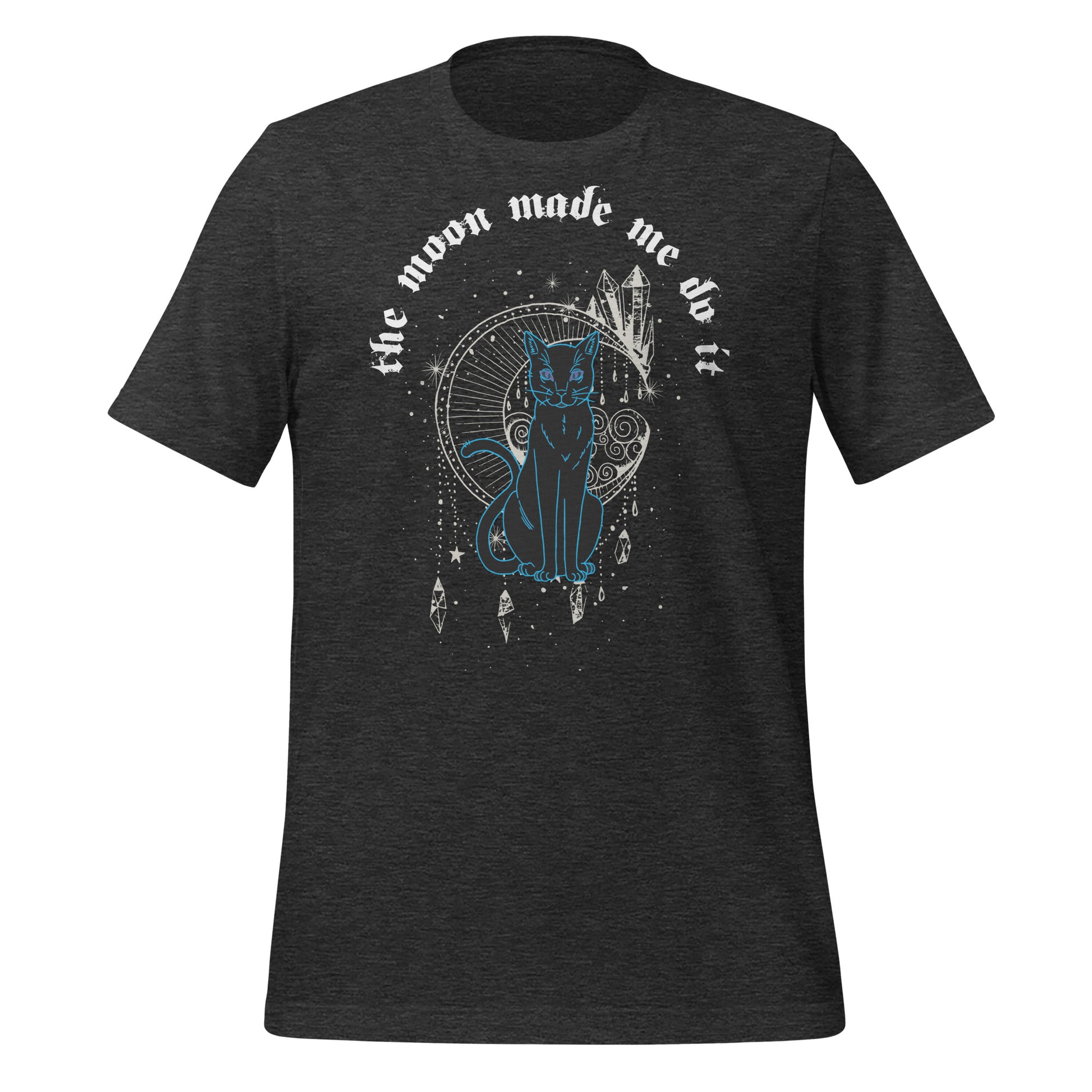 Dark grey heather t-shirt that reads the moon made me do it with a black cat, celesital moon, stars, and crystals created by clothing apparel shop Midnight Gypsy Designs.