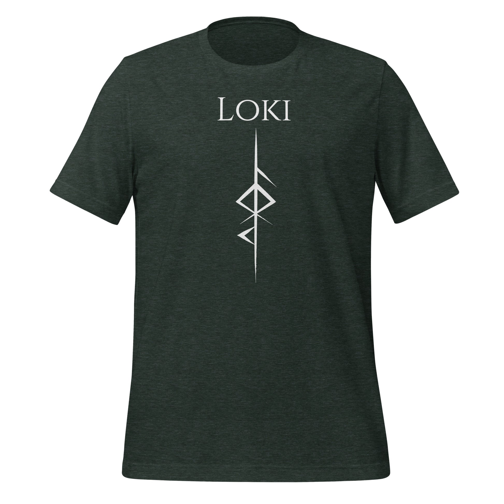 Heather forest t-shirt that reads Loki with the Loki Futhark rune symbol for Loki God of Mischief created by Norse Viking apparel shop Midnight Gypsy Designs. 