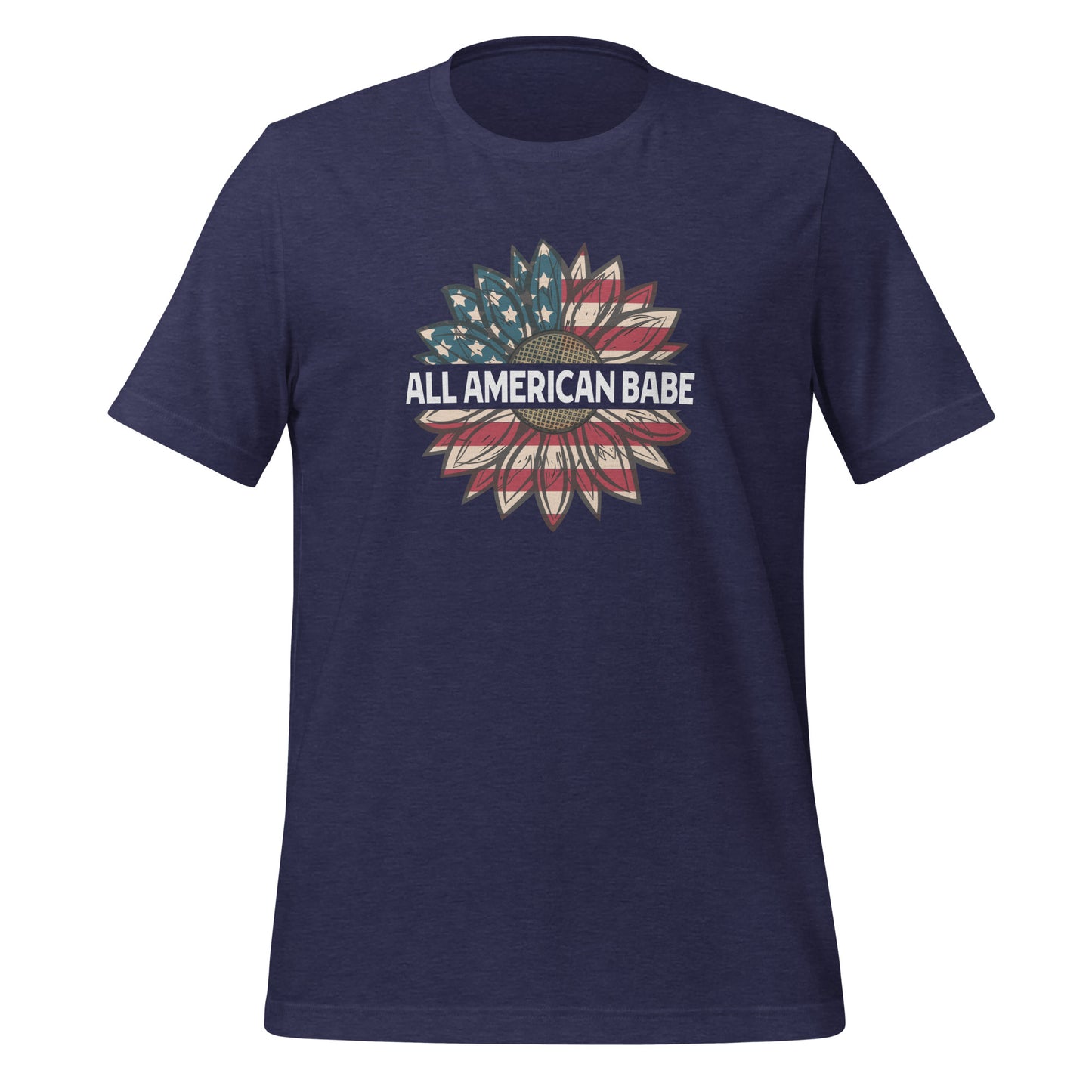 Navy blue All American Babe patriotic t-shirt with an American flag sunflower created by USA patriotic apparel shop Midnight Gypsy Designs. 