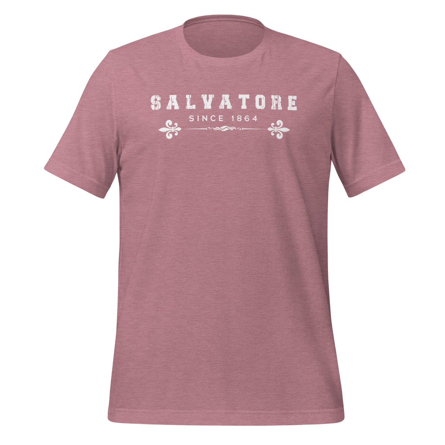 Heather orchid t-shirt that reads Salvatore Since 1864 with fleur de lis created by bookish apparel shop Midnight Gypsy Designs.