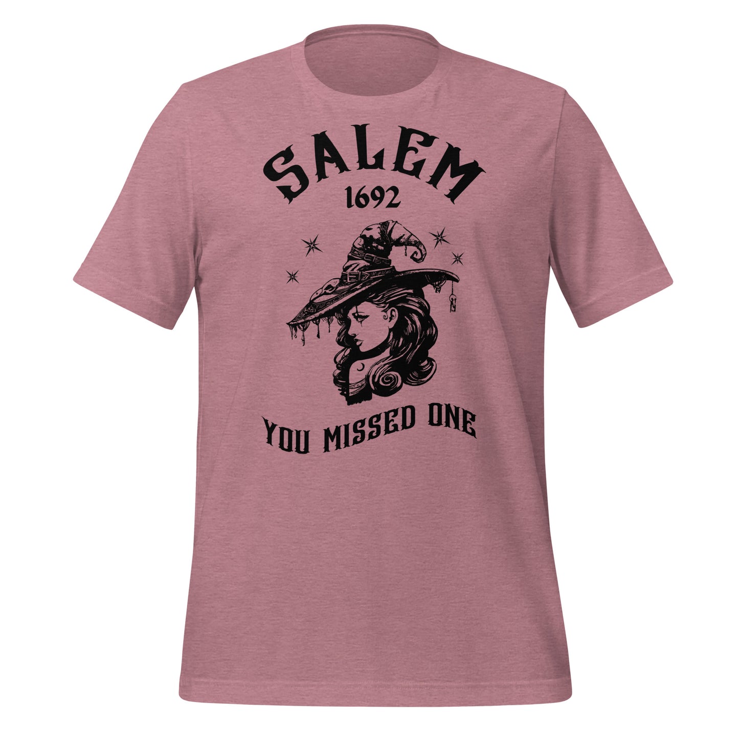 Heather orchid t-shirt with 1692 Salem Witch Trials You Missed One written in black letters and a witch in a witch hat with stars from apparel shop Midnight Gypsy Designs.