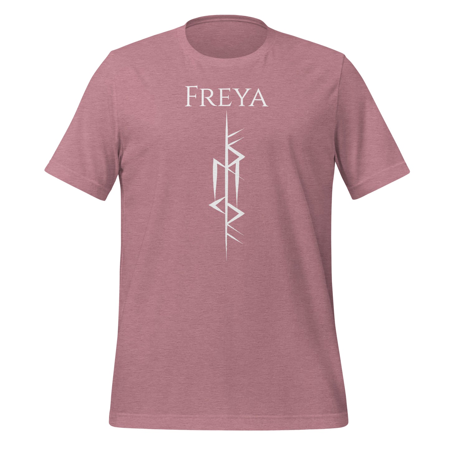 Viking warrior heather orchid t-shirt that says Freya with the Freya Goddess of Love Norse rune symbol created by Viking apparel shop Midnight Gypsy Designs.