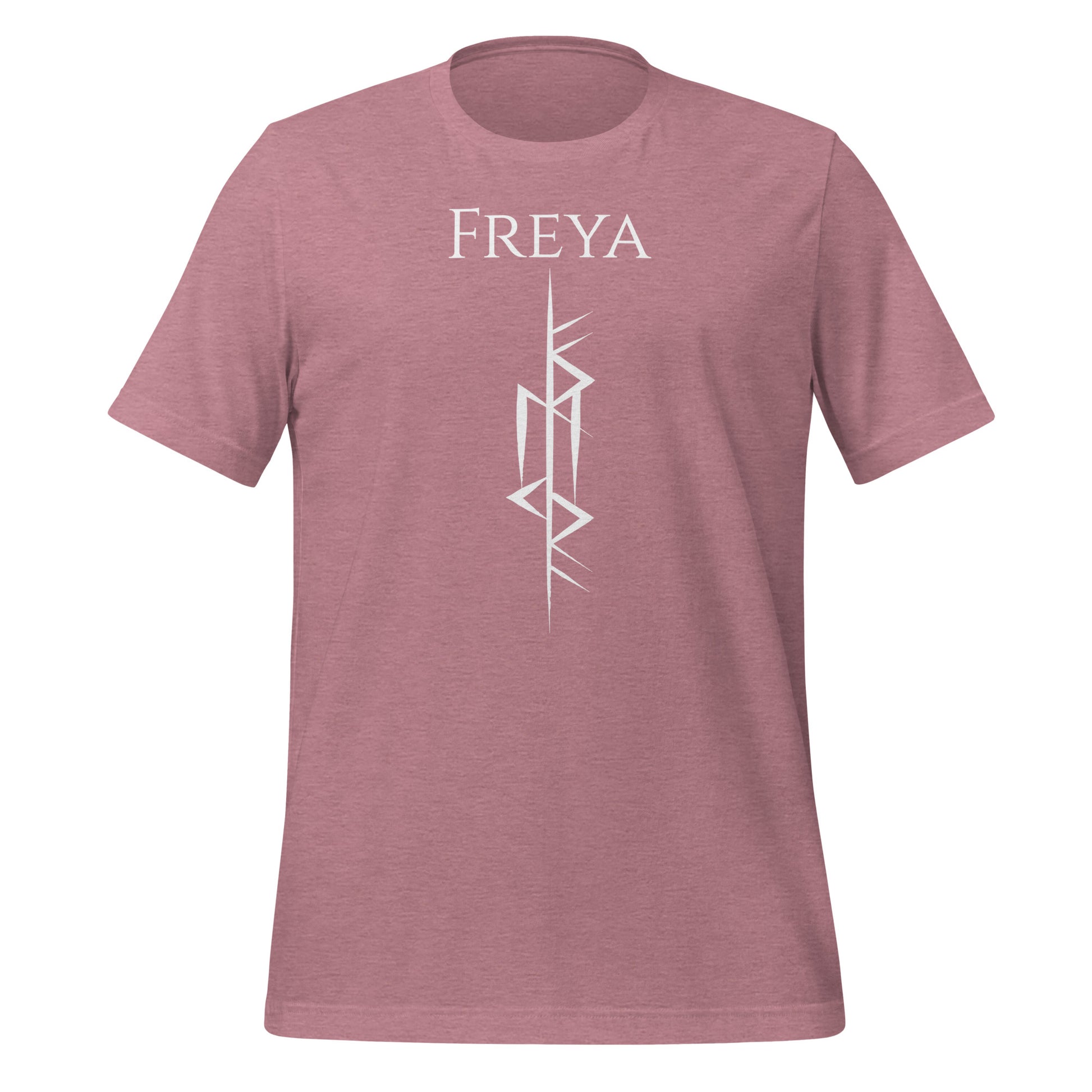 Viking warrior heather orchid t-shirt that says Freya with the Freya Goddess of Love Norse rune symbol created by Viking apparel shop Midnight Gypsy Designs.