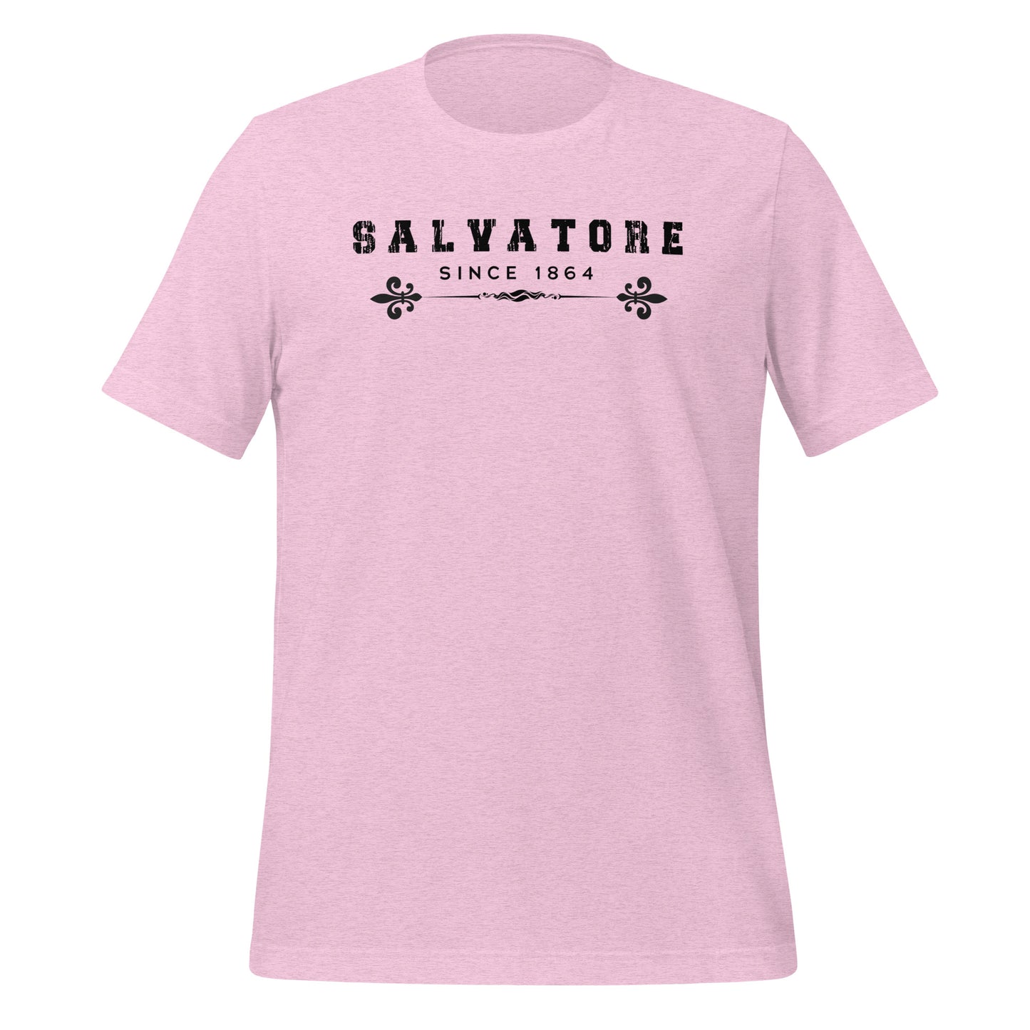 Heather prism lilac t-shirt that reads Salvatore Since 1864 with fleur de lis created by bookish apparel shop Midnight Gypsy Designs.