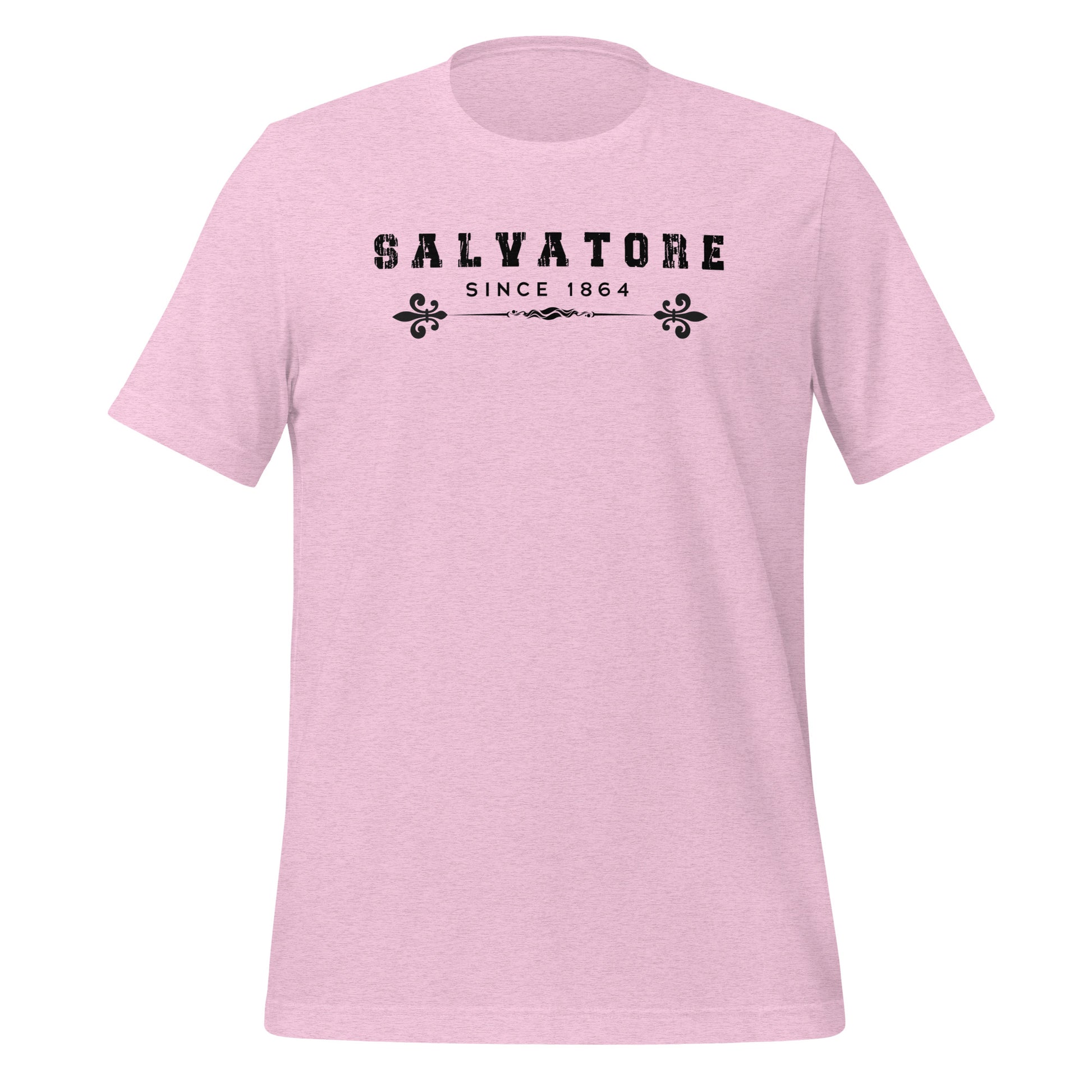 Heather prism lilac t-shirt that reads Salvatore Since 1864 with fleur de lis created by bookish apparel shop Midnight Gypsy Designs.