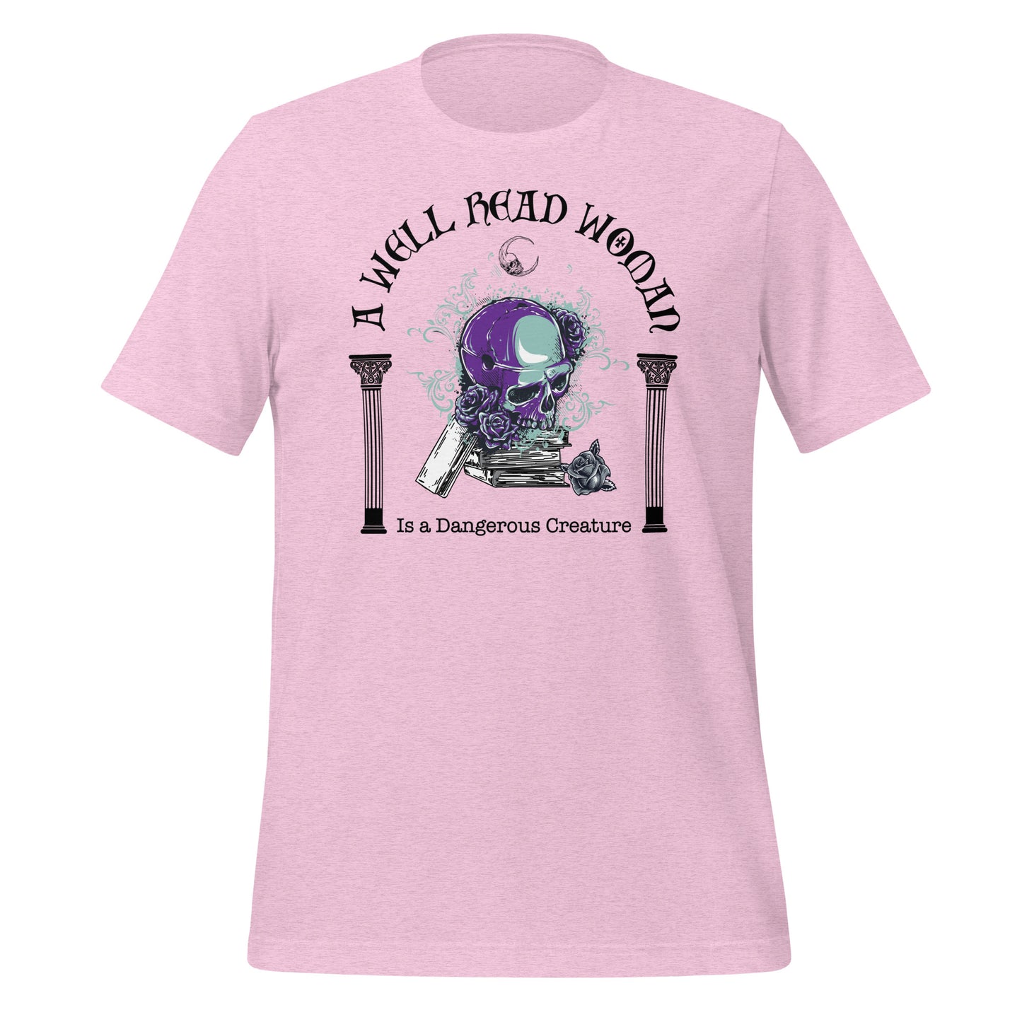 Heather prism lilac t-shirt with words A Well Read Woman Is a Dangerous Creature with a purple skull with roses on top of a stack of books from bookish shop Midnight Gypsy Designs.