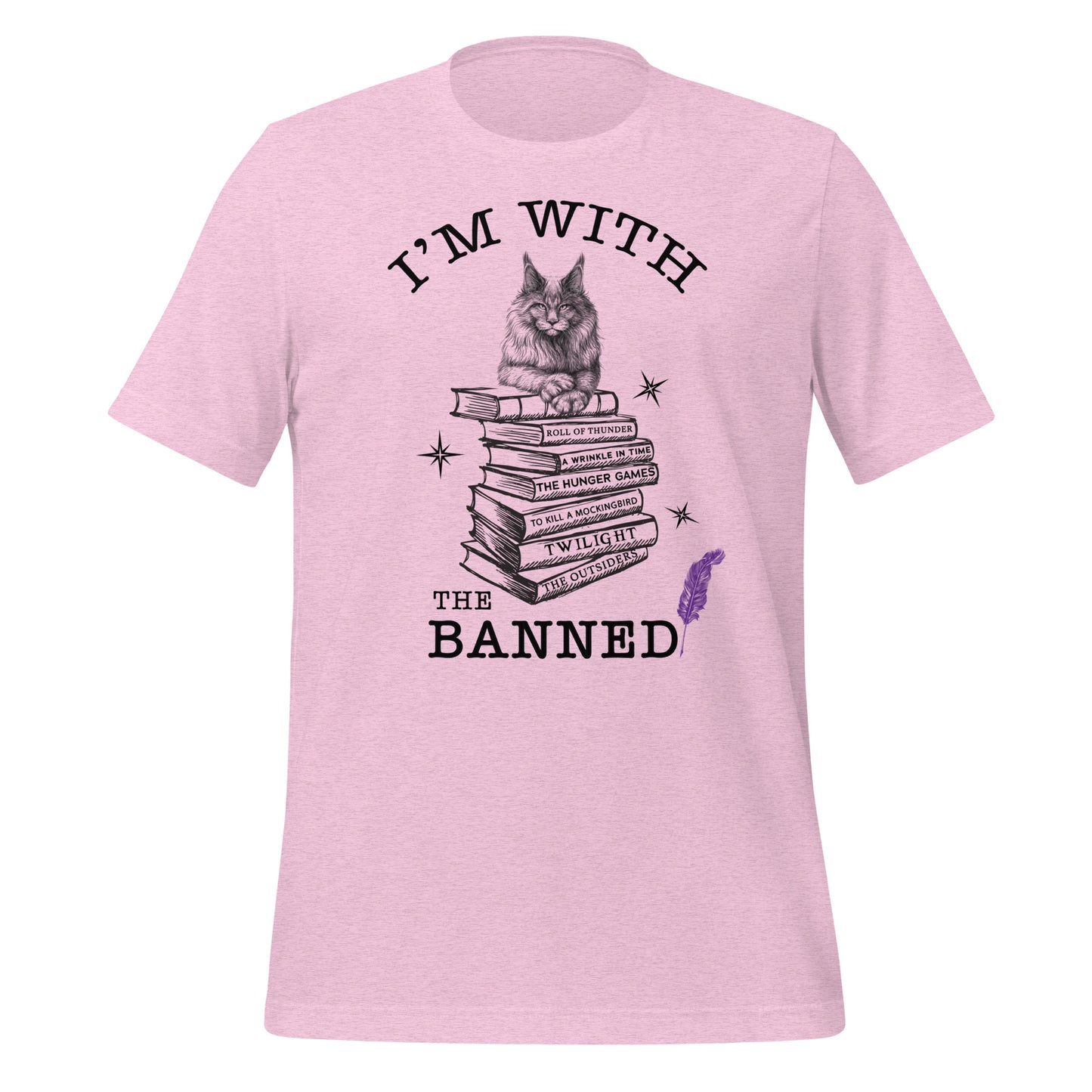 Heather prism lilac t-shirt that reads I'm With the Banned and has a cat sitting on top of a stack of banned books with a purple feather created by Midnight Gypsy Designs.