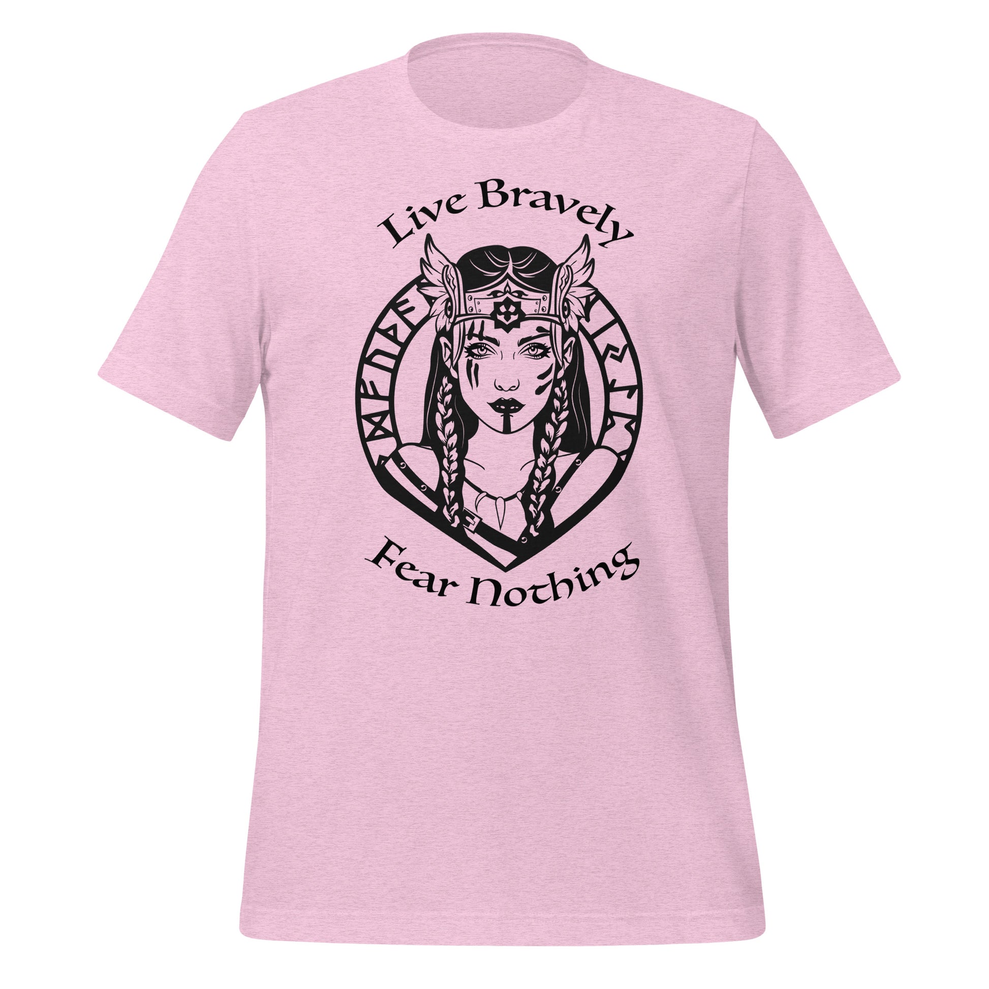 Heather prism lilac t-shirt that reads Live Bravely Fear Nothing with a Viking Warrior woman with Futhark runes created by apparel shop Midnight Gypsy Designs.