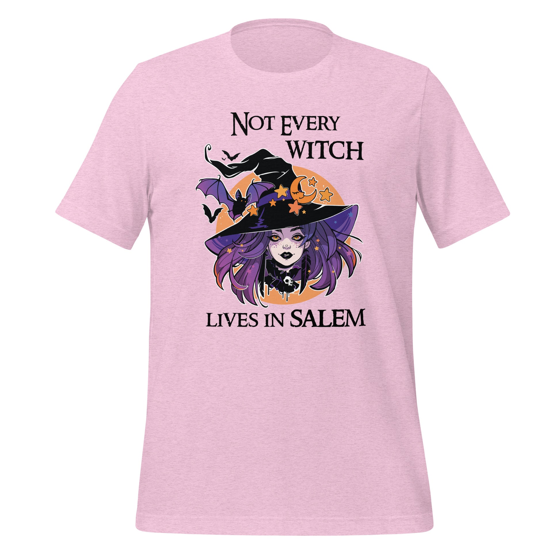 Heather prism lilac t-shirt that reads Not Every Witch Lives in Salem with a witch with purple hair wearing a black witch hat in front of a golden moon with stars and black bats created by apparel shop Midnight Gypsy Designs.